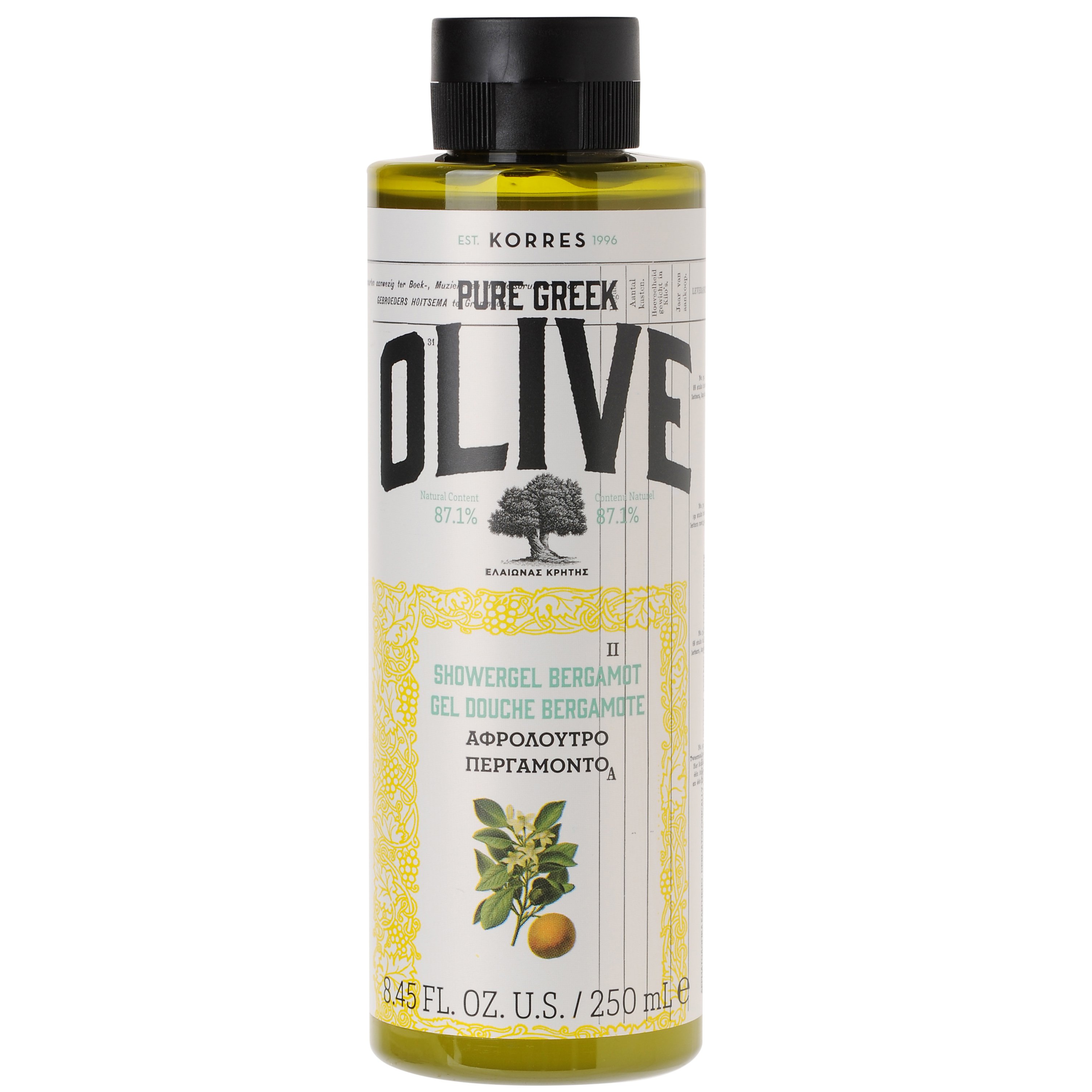 Korres Pure Greek Olive Shower Gel Bergamot Αφρόλουτρο με Τονωτικό Εκχύλισμα Φύλλων Ελιάς & Άρωμα Περγαμόντο 250ml