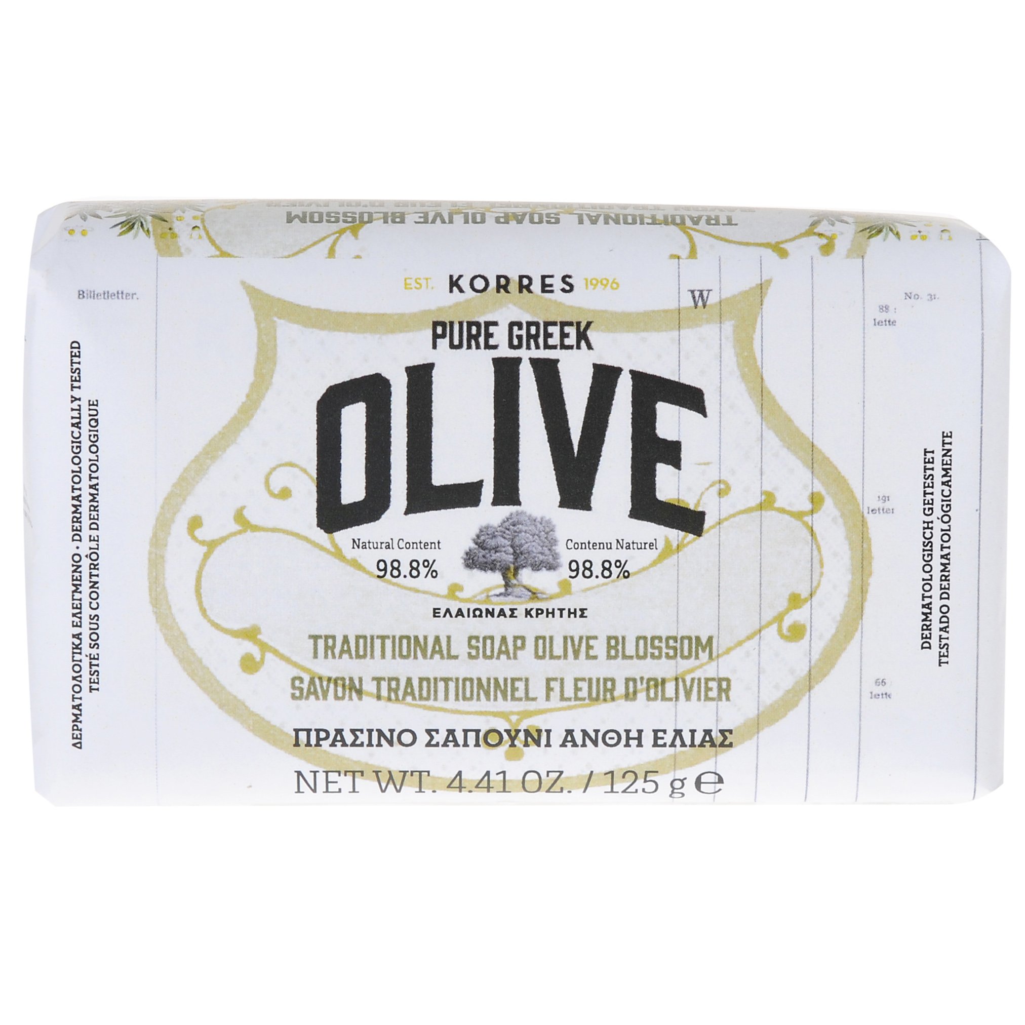 Korres Korres Pure Greek Olive Tradional Soap Olive Blossom Πράσινο Σαπούνι Φυσική Πηγή Βιταμινών & Αντιοξειδωτικών με Άνθη Ελιάς 125gr