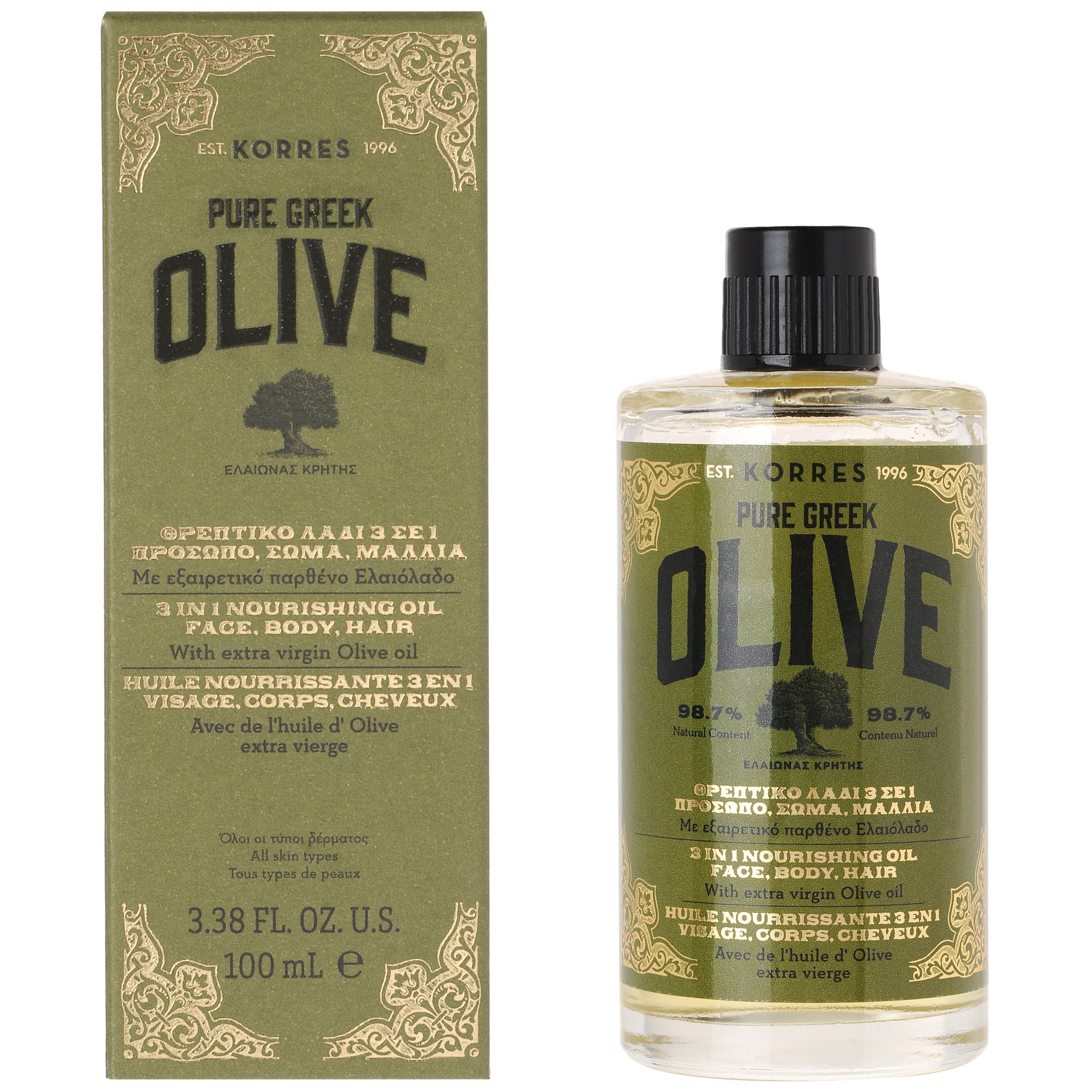 Pure Greek Olive 3 In 1 Nourishing Oil Face, Body, Hair 100ml – Korres,Θρεπτικό Λάδι 3 σε 1 για Εντατική Θρέψη σε Πρόσωπο, Σώμα