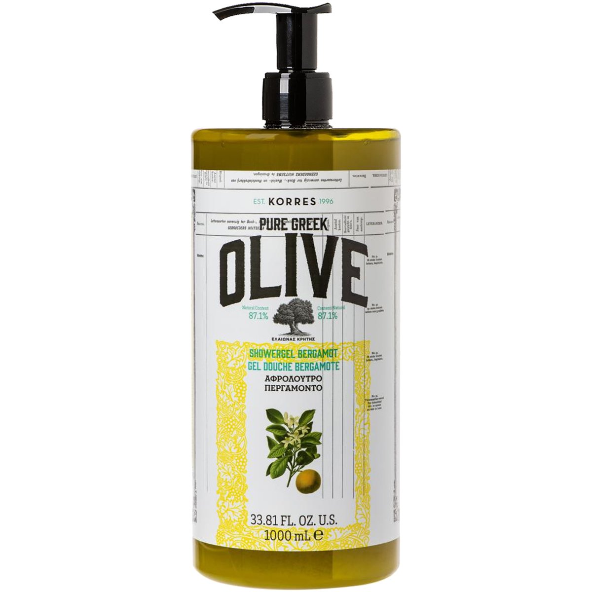 Korres Pure Greek Olive Shower Gel Bergamot Αφρόλουτρο με Τονωτικό Εκχύλισμα Φύλλων Ελιάς & Άρωμα Περγαμόντο 1000ml