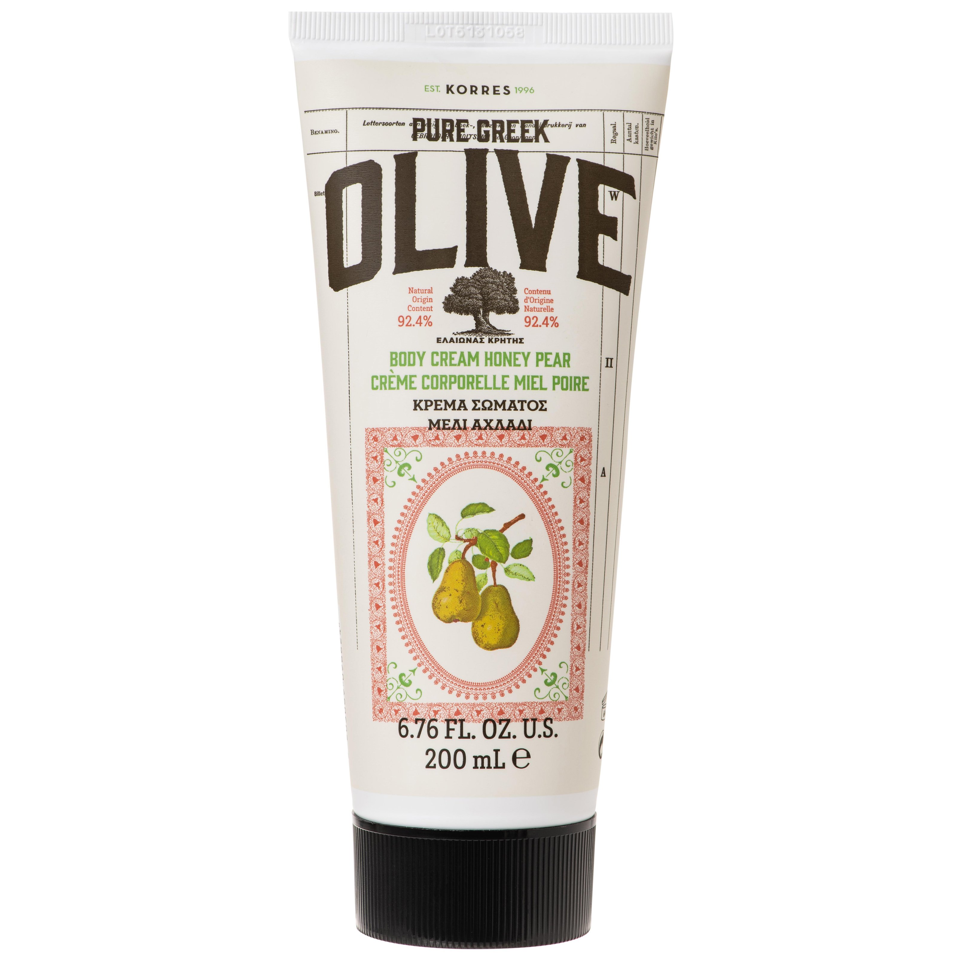 Korres Pure Greek Olive Body Cream Honey & Pear Ενυδατική Κρέμα Σώματος με Εξαιρετικό Παρθένο Ελαιόλαδο & Άρωμα Μέλι, Αχλάδι 200ml