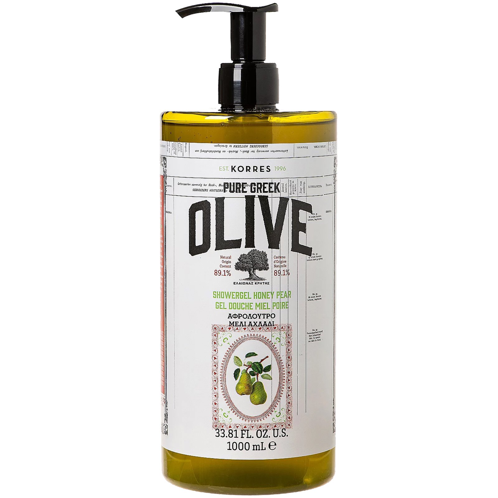 Korres Pure Greek Olive Showergel Honey Pear Αφρόλουτρο με Τονωτικό Εκχύλισμα Φύλλων Ελιάς & Άρωμα Μέλι Αχλάδι 1000ml