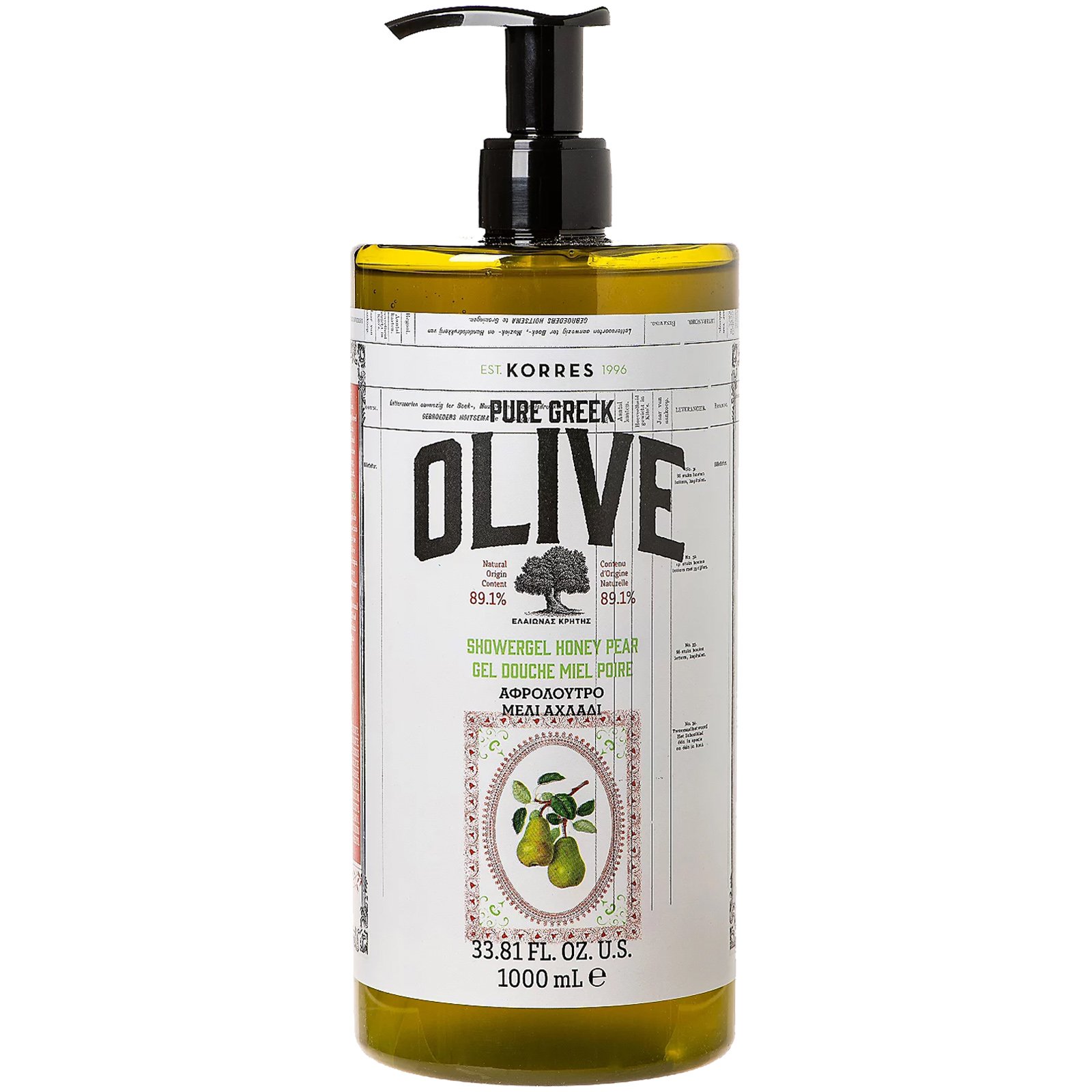 Korres Pure Greek Olive Shower Gel Honey & Pear Τονωτικό Αφρόλουτρο με Εκχύλισμα Φύλλων Ελιάς & Άρωμα Μελιού 1000ml