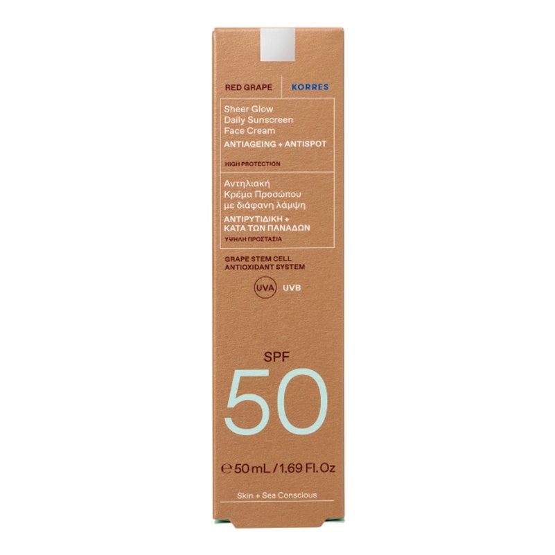 Korres Korres Red Grape Sheer Glow Antiageing Daily Sunscreen Face Cream Spf50 Αντιρυτιδική, Αντηλιακή Κρέμα Προσώπου Ελαφριάς Υφής, για Λάμψη & Μειώση των Ρυτίδων, Πανάδων 50ml