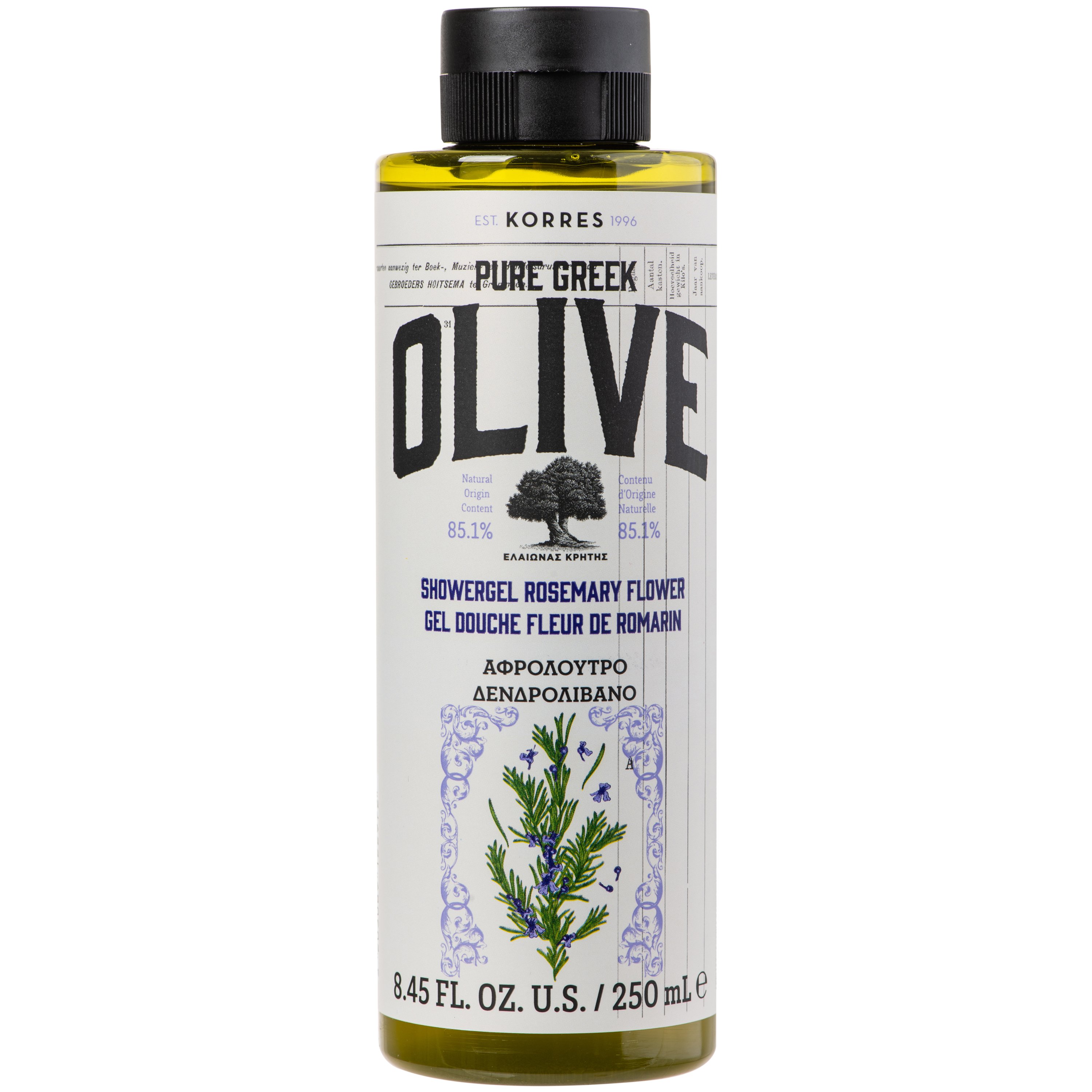 Korres Pure Greek Olive Shower Gel Rosemary Flower Τονωτικό Αφρόλουτρο με Εκχύλισμα Φύλλων Ελιάς & Άρωμα Δενδρολίβανου 250ml