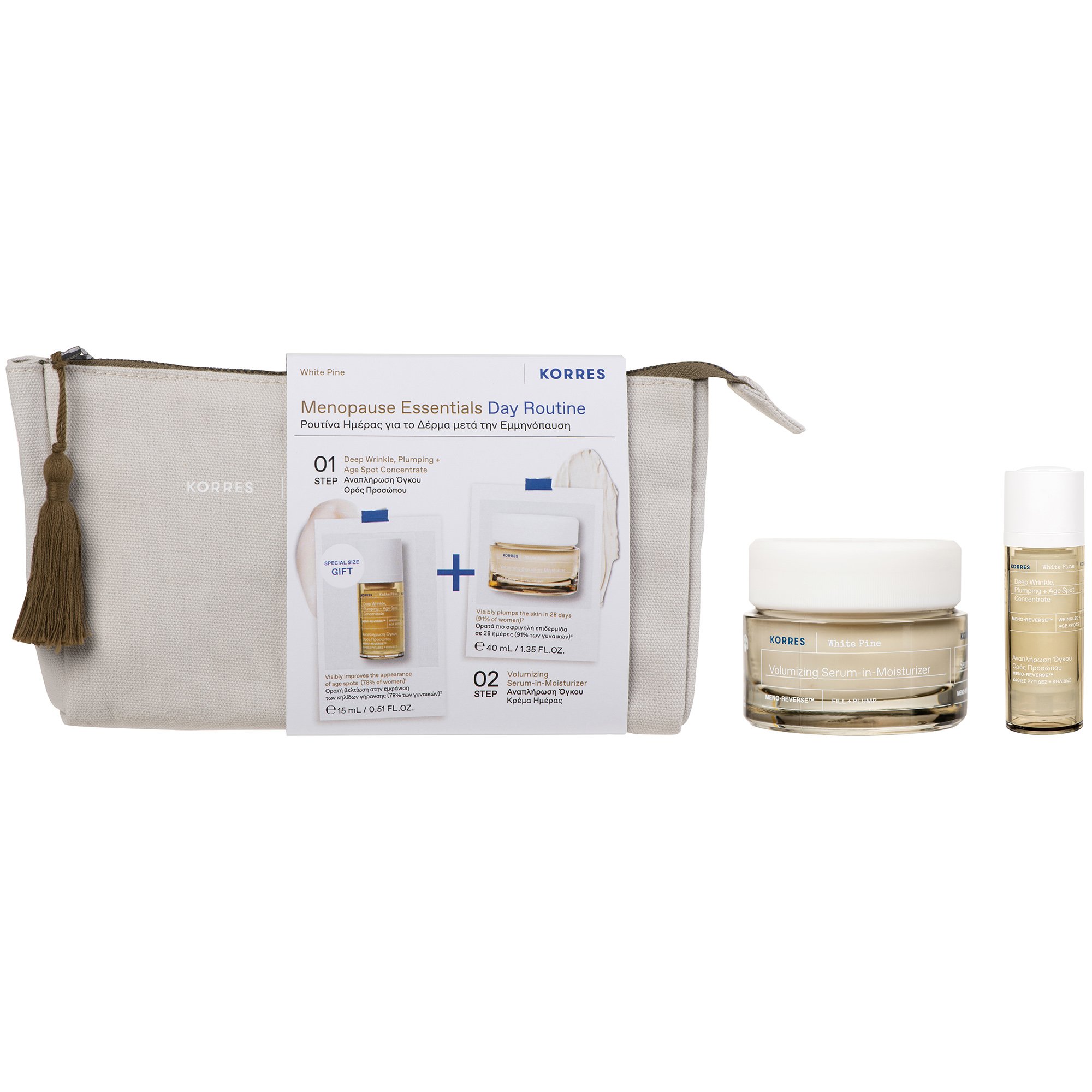 Korres Πακέτο Προσφοράς White Pine Menopause Essentials Day Routine Deep Wrinkle Plumping Age Spot Concentrate Serum 15ml & Volumizing Serum-in-Moisturizer Day Cream 40ml & Δώρο Νεσεσέρ