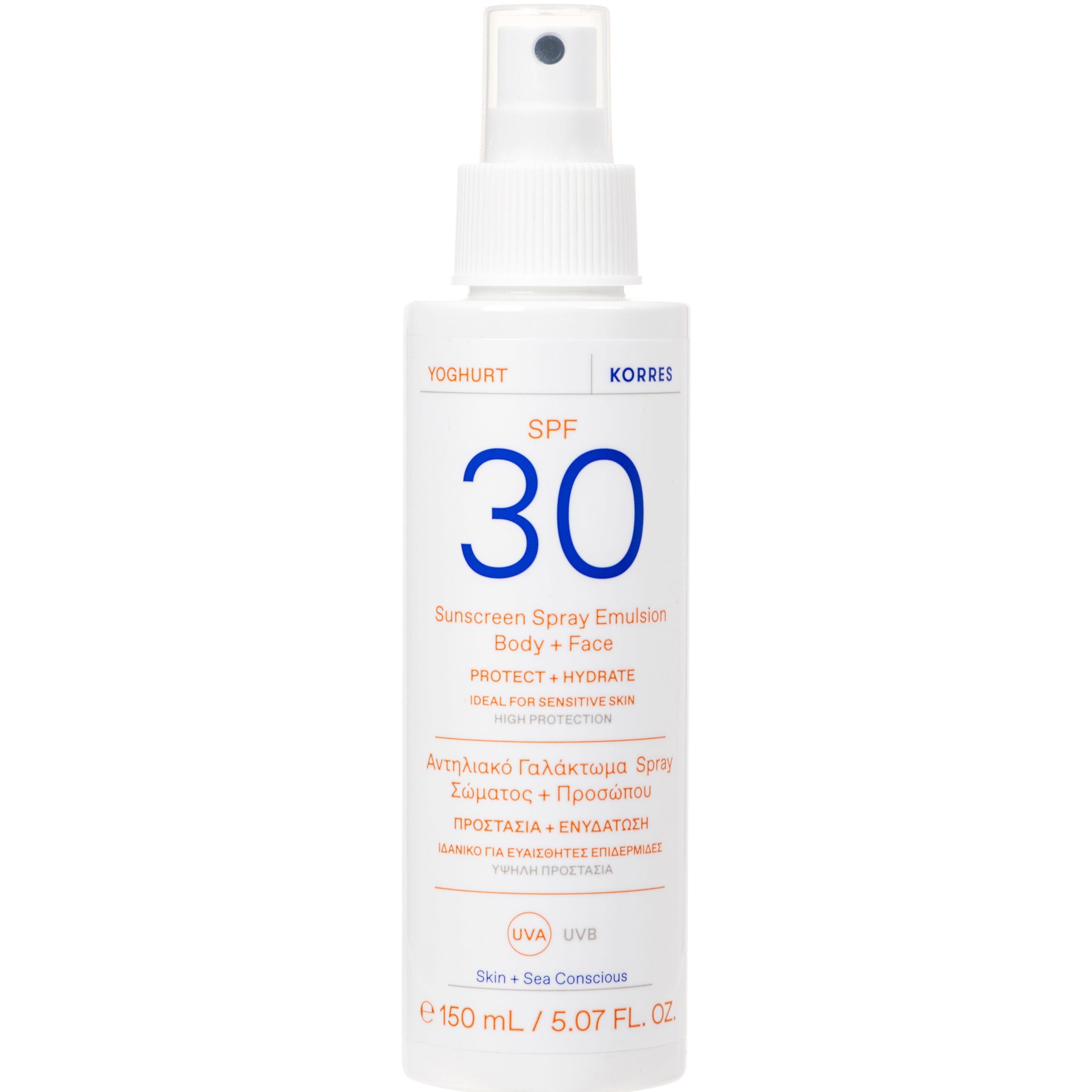Korres Korres Yoghurt Sunscreen Body & Face Emulsion Spray Spf30 Αντηλιακό Γαλάκτωμα Spray Προσώπου - Σώματος Υψηλής Προστασίας για Άμεση Ενυδάτωση, Κατάλληλο για Ευαίσθητες Επιδερμίδες 150ml