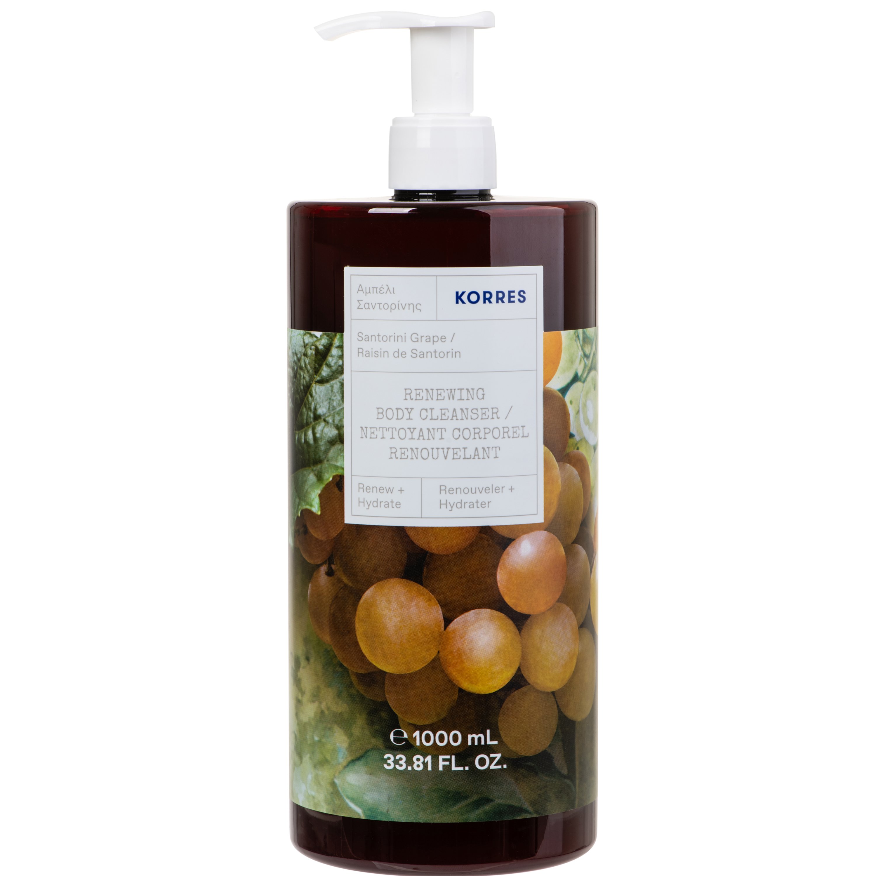 Korres Korres Renewing Body Cleanser Santorini Grape Shower Gel Αναζωογονητικό, Ενυδατικό Αφρόλουτρο με Φρέσκο, Φρουτώδες Άρωμα από Αμπέλια Σαντορίνης με Αντλία 1000ml