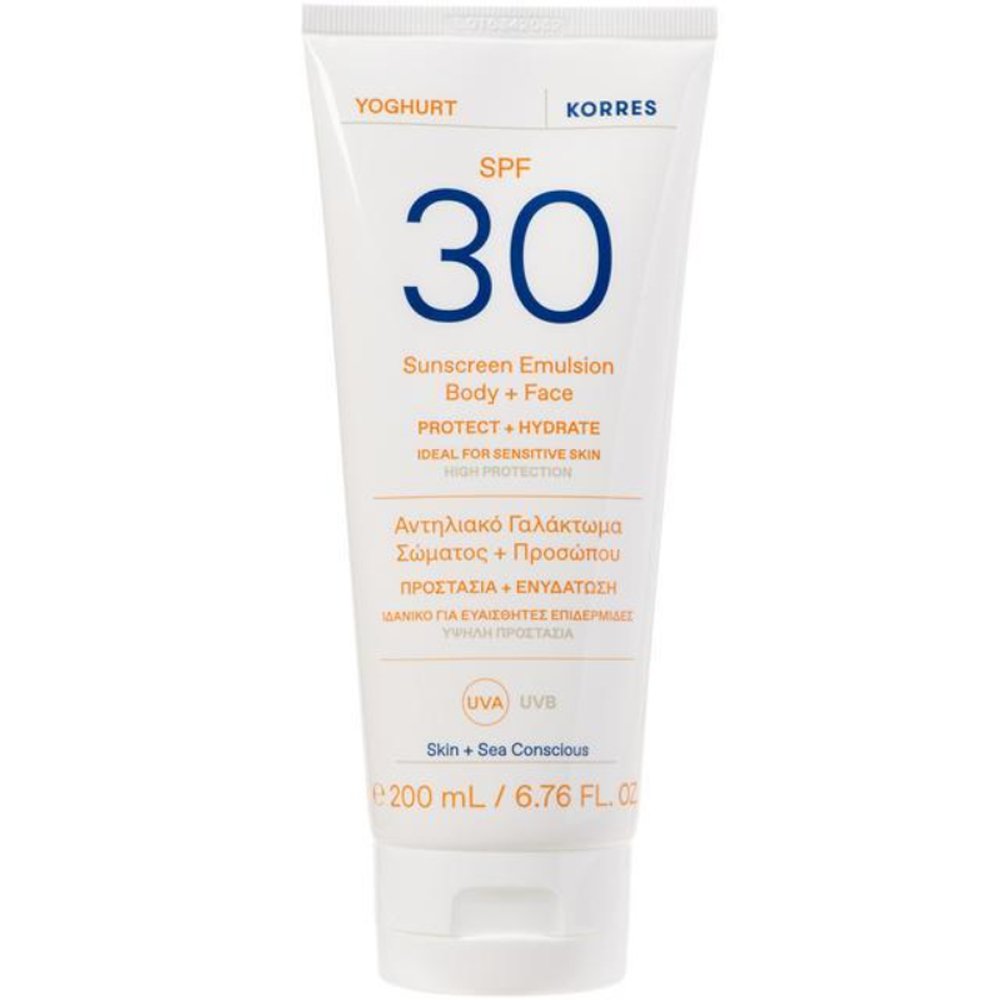 Korres Korres Yoghurt Emulsion Face & Body Sunscreen Spf30 Αντηλιακό Γαλάκτωμα Προσώπου & Σώματος Υψηλής Προστασίας Κατάλληλο για Ευαίσθητες Επιδερμίδες, 200ml