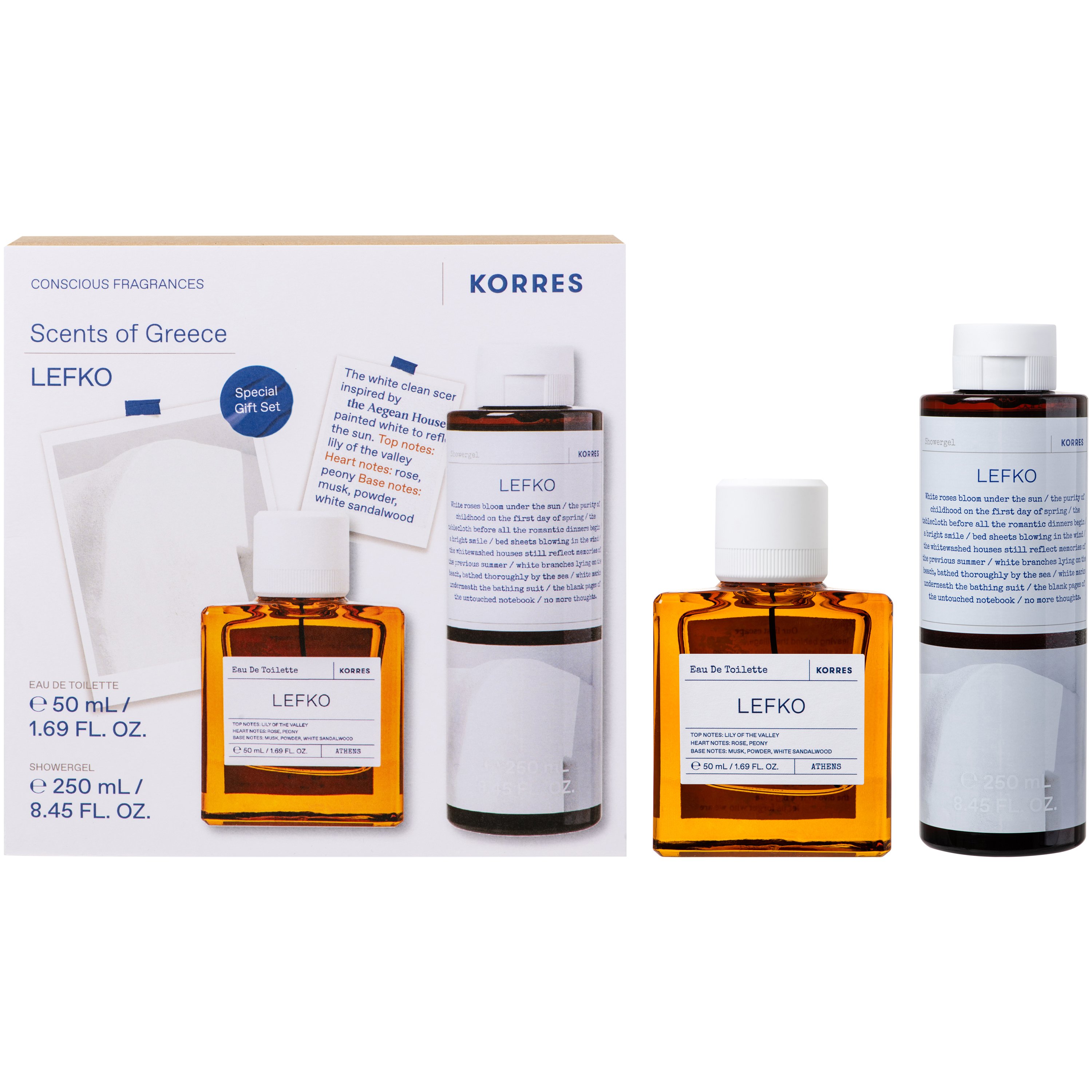 Korres Korres Promo Lefko Eau De Toilette 50ml & Shower Gel 250ml,Γυναικείο Άρωμα με Νότες Άνθους Μιγκέ, Τριαντάφυλλου & Παιώνιας & Αφρόλουτρο