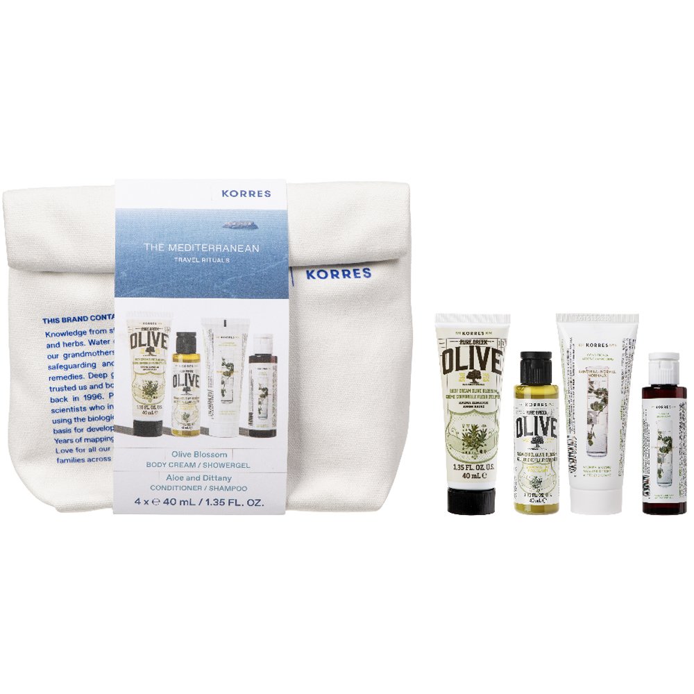 Korres Promo Travel Size Pure Greek Olive Body Milk Olive Blossom 40ml & Shower Gel 40ml & Aloe & Dittany Normal Hair Shampoo 40ml & Conditioner 40ml & Δώρο Νεσεσέρ 1 Τεμάχιο