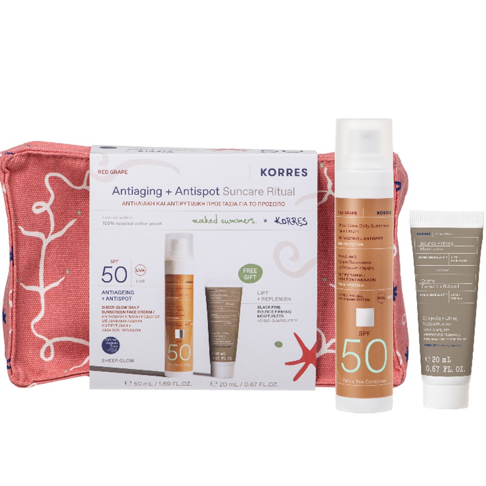 Korres Promo Red Grape Sheer Glow Antiageing Daily Sunscreen Face Cream Spf50, 50ml & Δώρο Black Pine 4D Bounce, Firming & Moisturizer Day Cream 20ml & Νεσεσέρ 1 Τεμάχιο