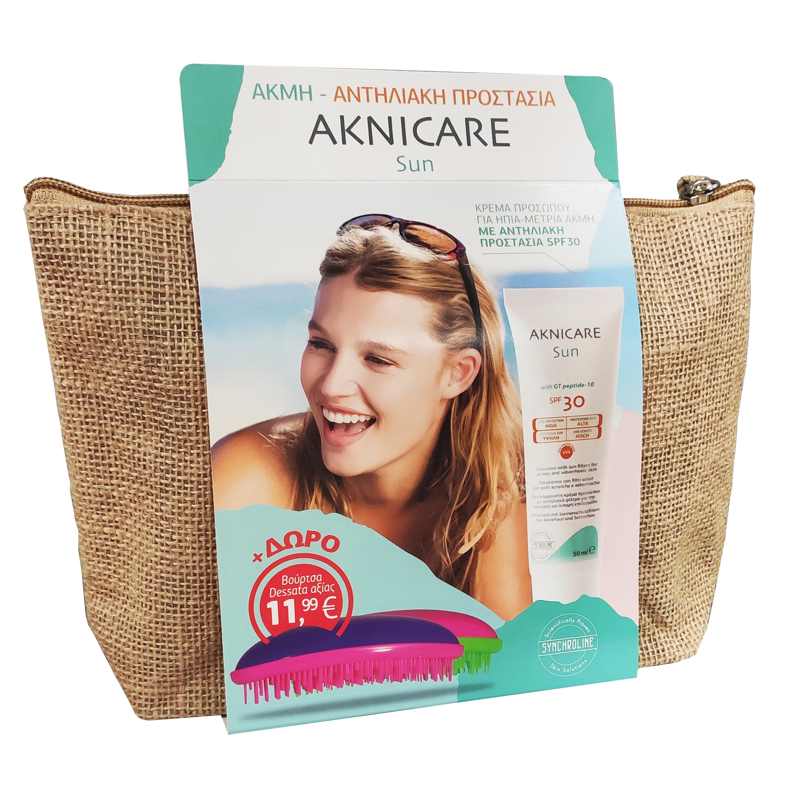 Synchroline Πακέτο Προσφορας Aknicare Sun SPF30 Αντηλιακή Κρέμα Προσώπου 50ml & ΔΩΡΟ Hair Ties Dessata Brush Purple 1 Τεμάχιο