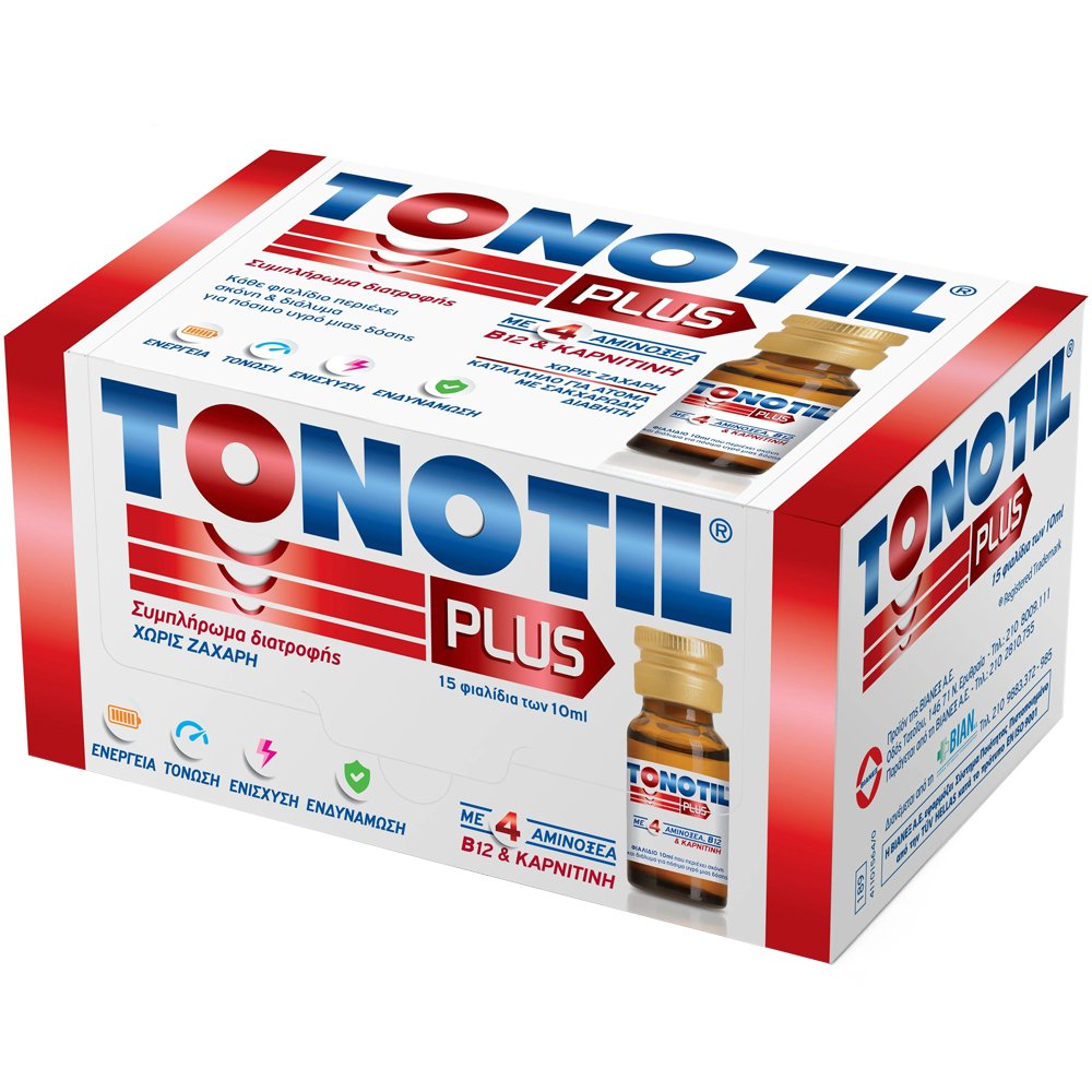 Tonotil Plus Συμπλήρωμα Διατροφής με 4 Αμινοξέα Βιταμίνη B12 & Καρνιτίνη για Τόνωση & Ενέργεια, Συγκέντρωση & Ενδυνάμωση του Ανοσοποιητικού 15 Φιαλίδια των 10ml