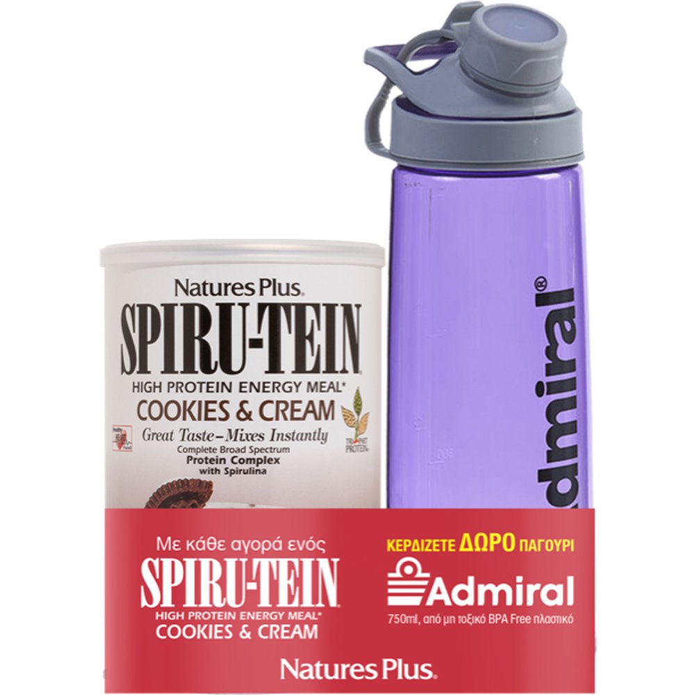 Natures Plus Πακέτο Προσφοράς Spiru-Tein High Protein Energy Meal Cookies & Cream 525g & Δώρο Admiral Παγούρι 750ml