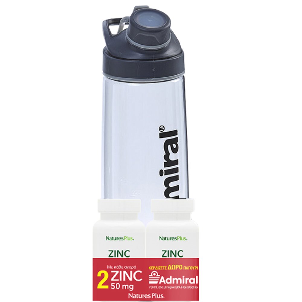 Natures Plus Πακέτο Προσφοράς Zinc 50mg Συμπλήρωμα Διατροφής με Ψευδάργυρο 2x90tabs & Δώρο Παγούρι Admiral σε Μαύρο Χρώμα 750ml