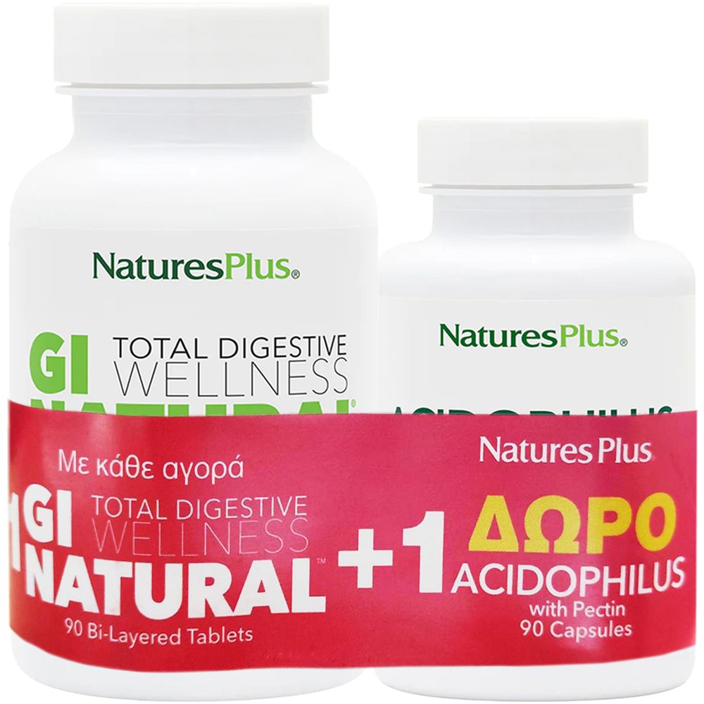 Natures Plus Πακέτο Προσφοράς GI Natural 90tabs & Δώρο Acidophilus 90caps,Συμπλήρωμα Διατροφής για την Υγεία του Πεπτικού Συστήματος