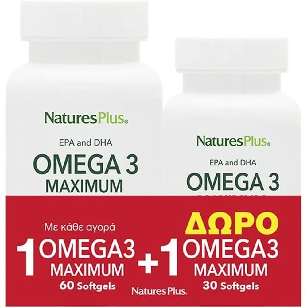 Natures Plus Promo Omega 3 Maximum EPA & DHA Συμπλήρωμα Διατροφής Ιχθυελαίου Πλούσιο σε Ωμέγα 3 Λιπαρά Οξέα για τη Φυσιολογική Λειτουργία της Καρδίας, Εγκεφάλου & Όρασης 90 Softgels (60+30 Softgels)
