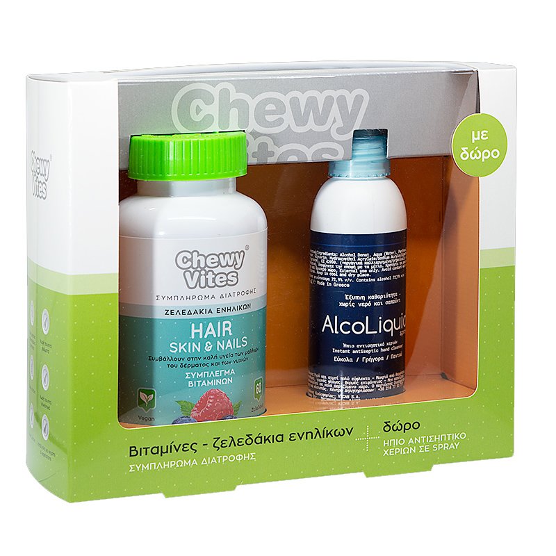 Vican Πακέτο Προσφοράς Chewy Vites Adults Hair Skin & Nails 60Ζελεδάκια & Δώρο AlcoLiquid Spray Ήπιο Αντισηπτικό Χεριών 150ml