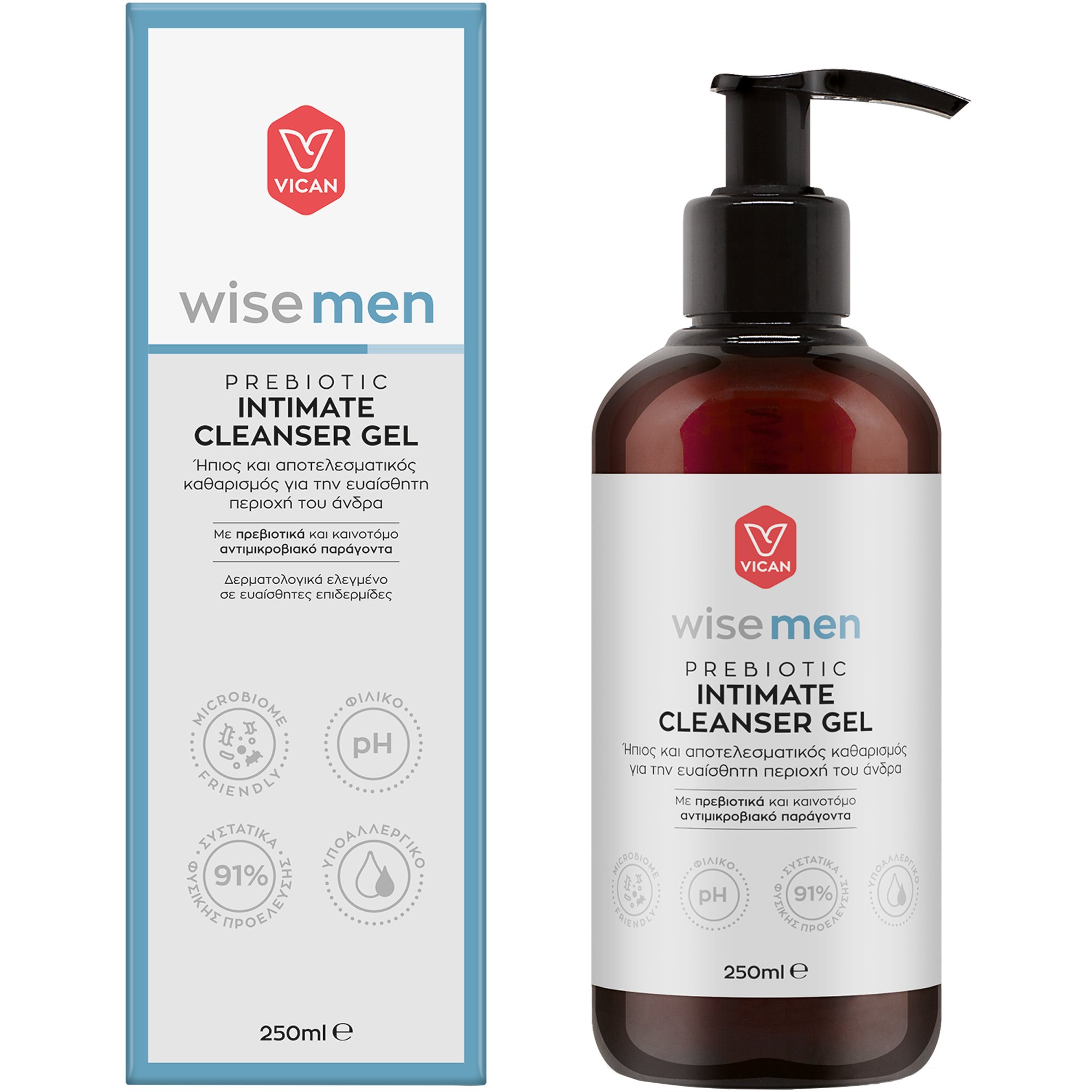 Vican Wise Men Prebiotic Intimate Cleanser Gel Gel για Ήπιο & Αποτελεσματικό Καθαρισμό της Ευαίσθητης Περιοχής του Άνδρα με Πρεβιοτικά 250ml
