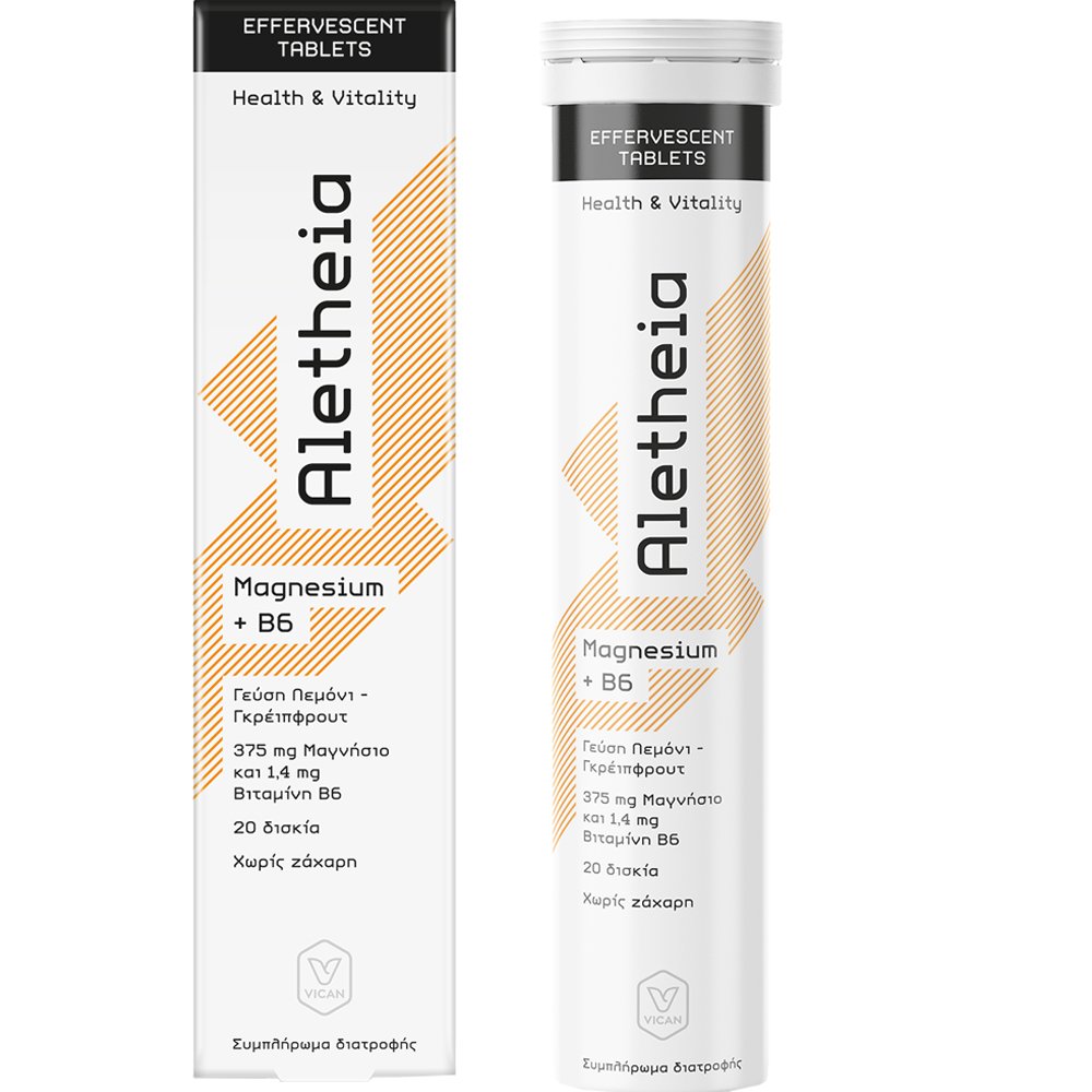 Vican Aletheia Magnesium + Vitamin B6 Συμπλήρωμα Διατροφής Μαγνησίου & Βιταμίνης B6 για την Καλή Λειτουργία του Νευρικού & Μυοσκελετικού Συστήματος με Γεύση Λεμόνι & Γκρέιπφρουτ 20 Effer.tabs