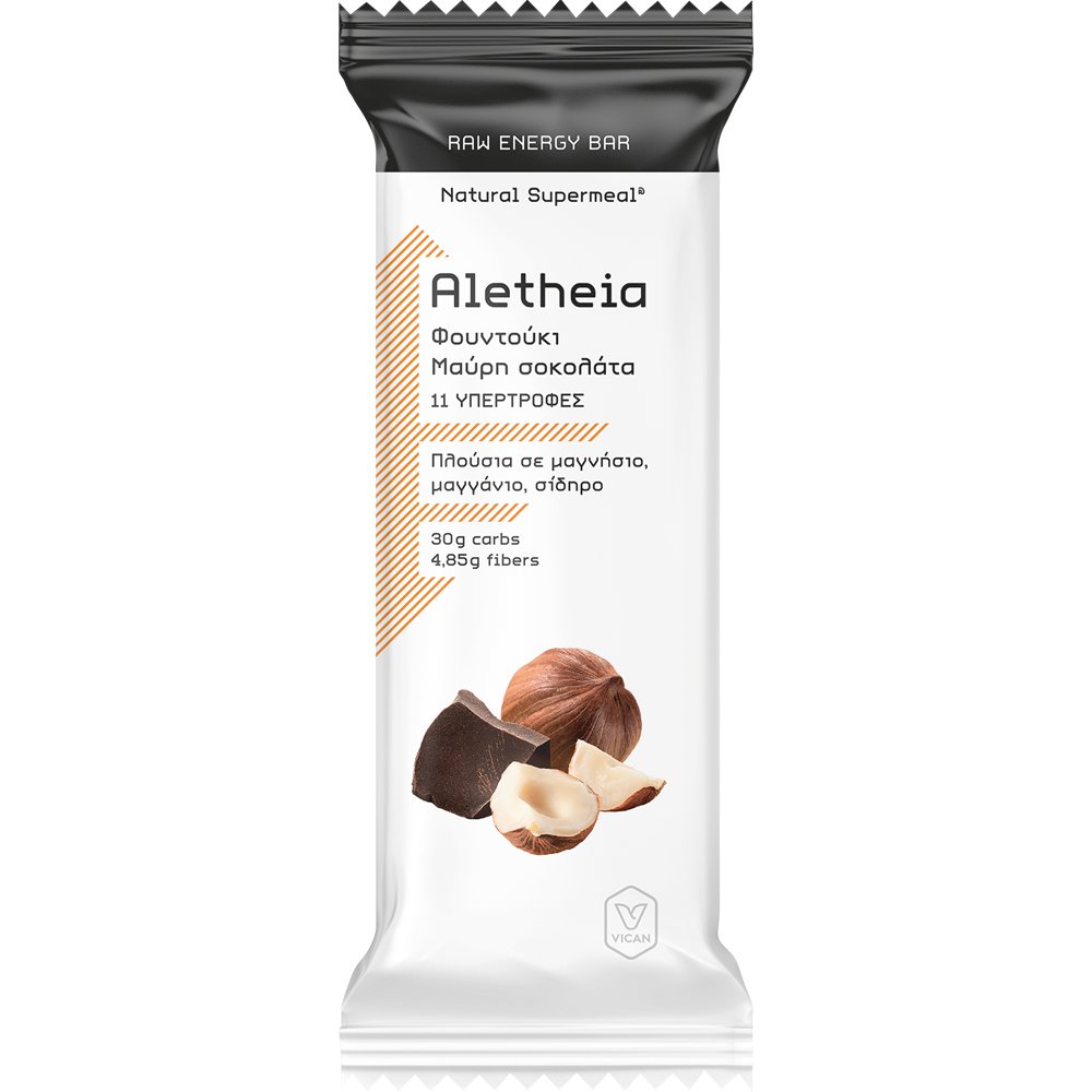 Vican Aletheia Raw Energy Bar Φυσική Ακατέργαστη Μπάρα Υψηλής Ενεργειακής Απόδοσης με 12 Υπερτροφές, Βιταμίνες, Καλά Λιπαρά, Μέταλλα & Ιχνοστοιχεία με Γεύση Φουντούκι & Μαύρη Σοκολάτα 50g