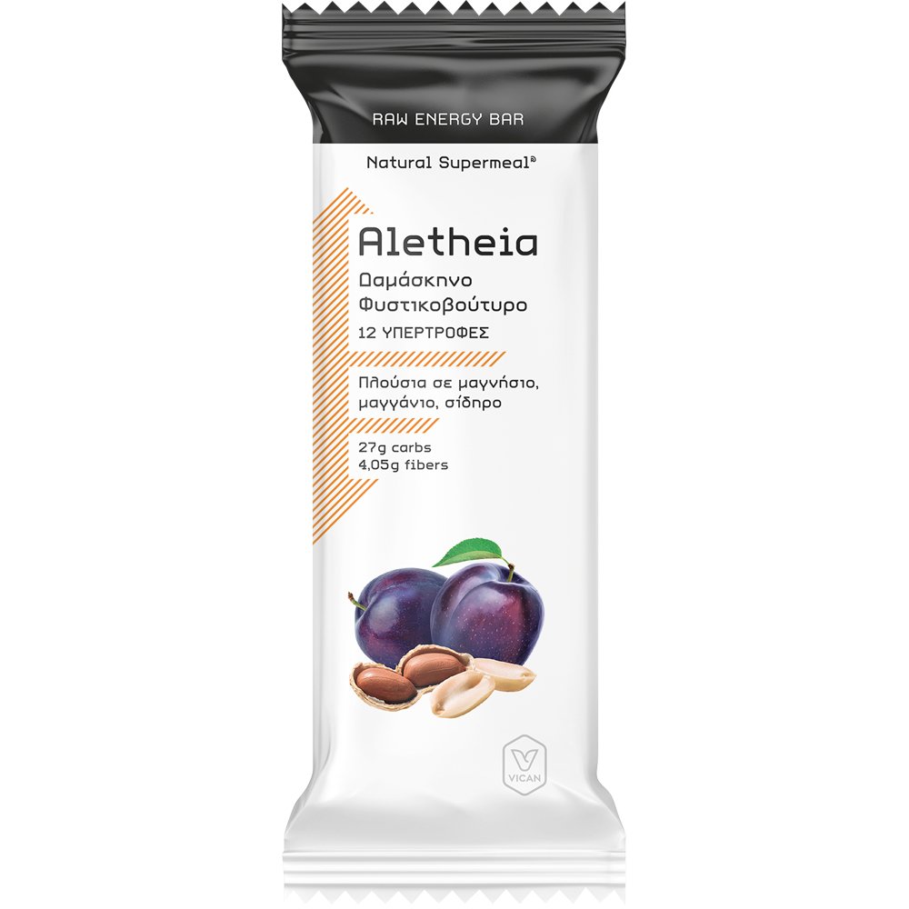 Vican Vican Aletheia Raw Energy Bar Φυσική Ακατέργαστη Μπάρα Υψηλής Ενεργειακής Απόδοσης με 12 Υπερτροφές, Βιταμίνες, Καλά Λιπαρά, Μέταλλα & Ιχνοστοιχεία με Γεύση Δαμάσκηνο & Φυστικοβούτυρο 50g