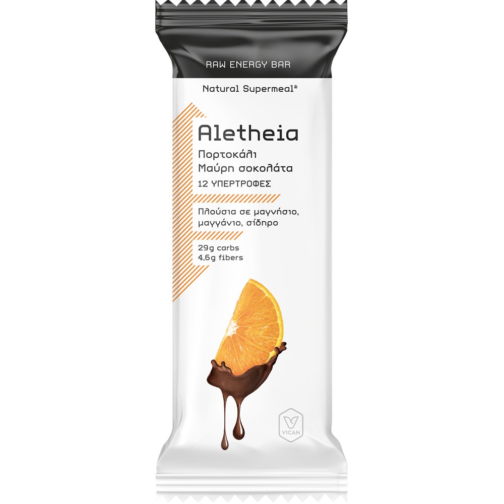 Vican Vican Aletheia Raw Energy Bar Φυσική Ακατέργαστη Μπάρα Υψηλής Ενεργειακής Απόδοσης με 12 Υπερτροφές, Βιταμίνες, Καλά Λιπαρά, Μέταλλα & Ιχνοστοιχεία με Γεύση Πορτοκάλι & Μαύρη Σοκολάτα 50g