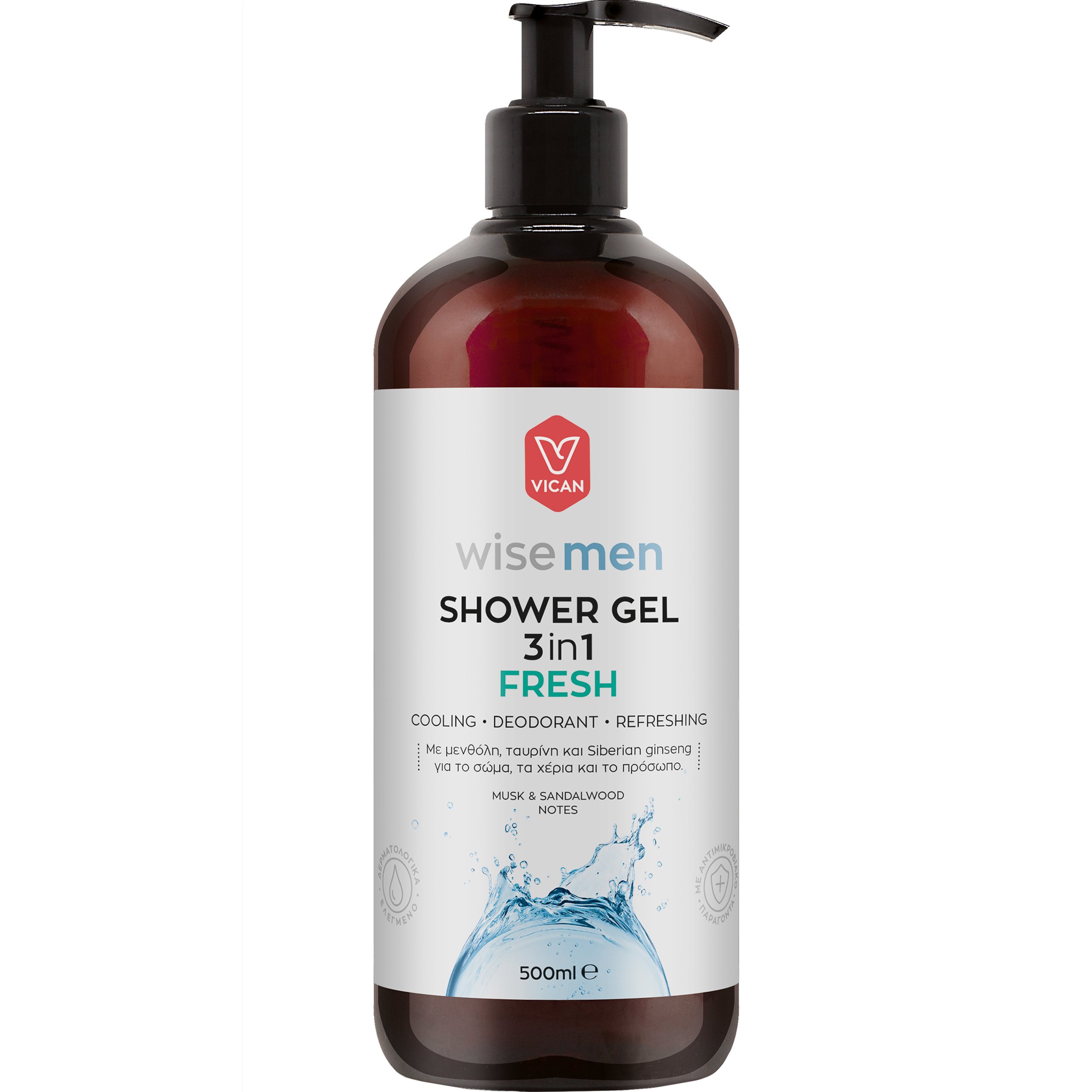 Vican Vican Wise Men Shower Gel 3 in 1 Fresh Ανδρικό Αφρόλουτρο για Καθαρισμό & Αίσθηση Φρεσκάδας με Άρωμα Musk & Σανταλόξυλο με Αντλία 500ml