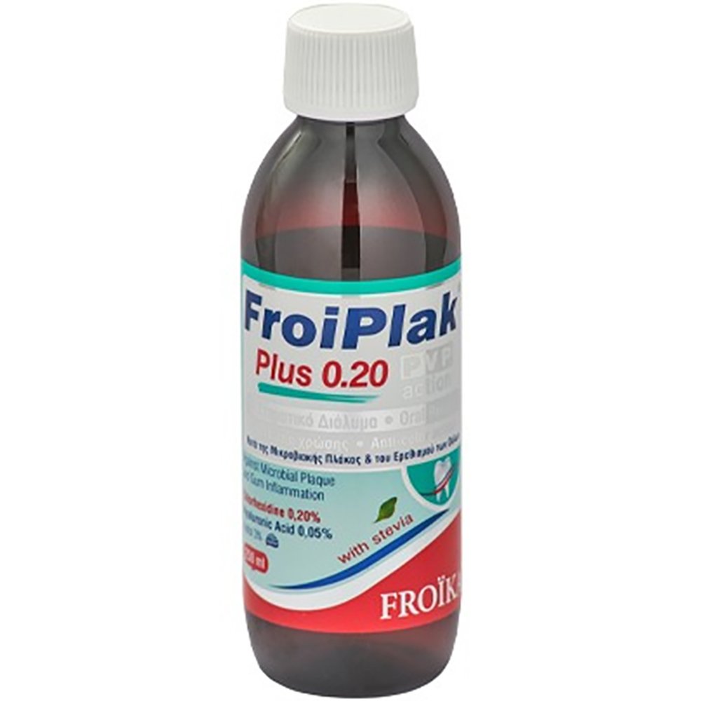 Froika FroiPlac Plus 0,2 PVP Action Mouthwash Αντισηπτικό Στοματικό Διάλυμα Κατά της Χρώσης των Δοντιών, Κατά της Μικροβιακής Πλάκας & του Ερεθισμού των Ούλων 250ml