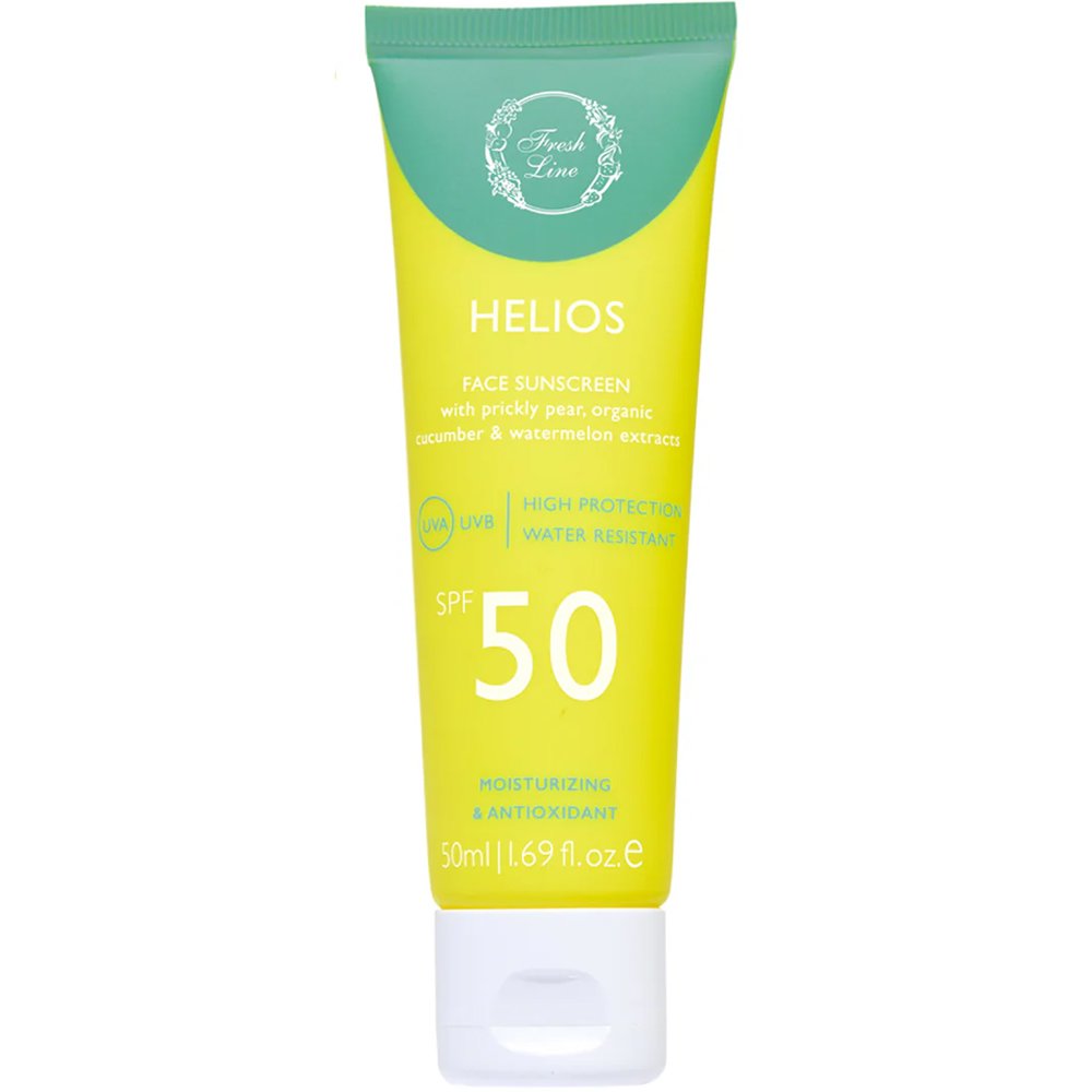 Fresh Line Helios Face Spf50 Sunscreen Cream Αντηλιακή Κρέμα Προσώπου Χωρίς Χρώμα Υψηλής Προστασίας με Εκχυλίσματα από Φραγκόσυκο, Βιολογικό Αγγούρι & Καρπούζι 50ml