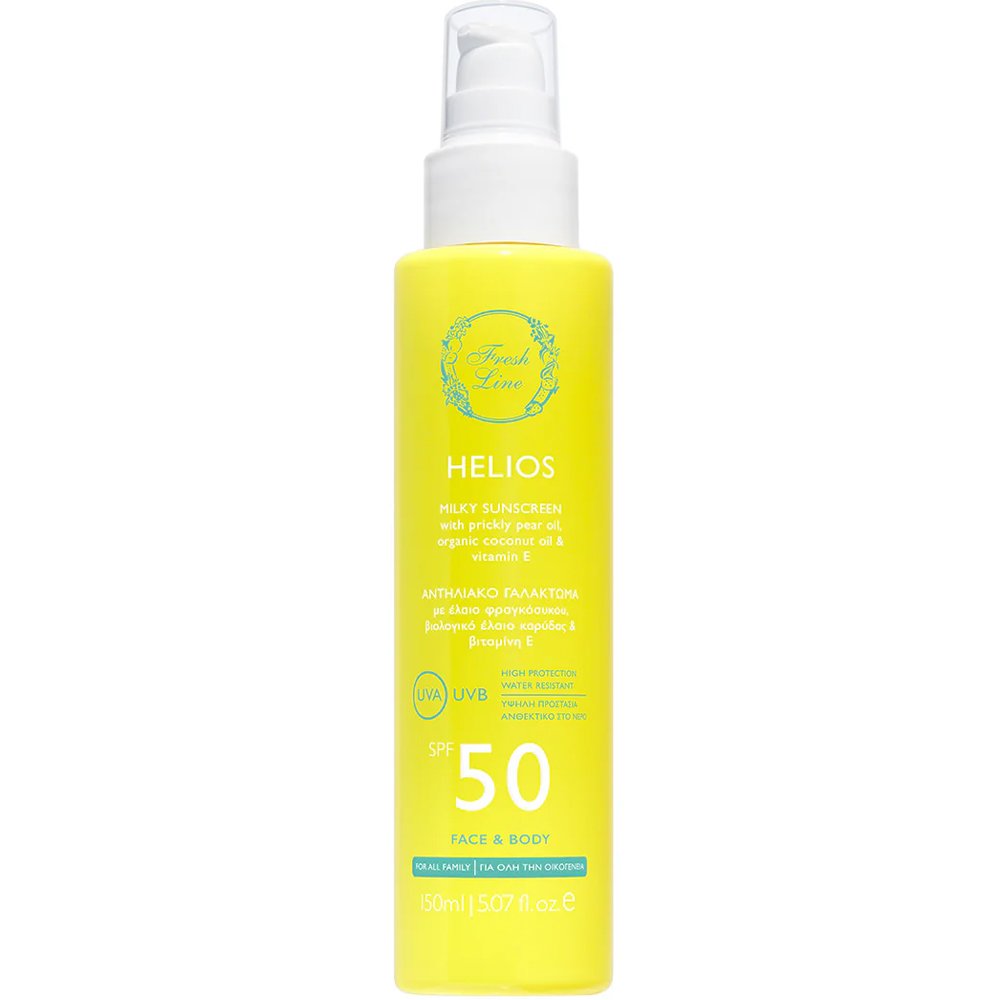 Fresh Line Helios Face & Body Spf50 Milky Sunscreen Spray Αντηλιακό Γαλάκτωμα σε Μορφή Σπρέι Υψηλής Προστασίας με Έλαιο Φραγκόσυκου, Καρύδας & Βιταμίνη Ε 150ml