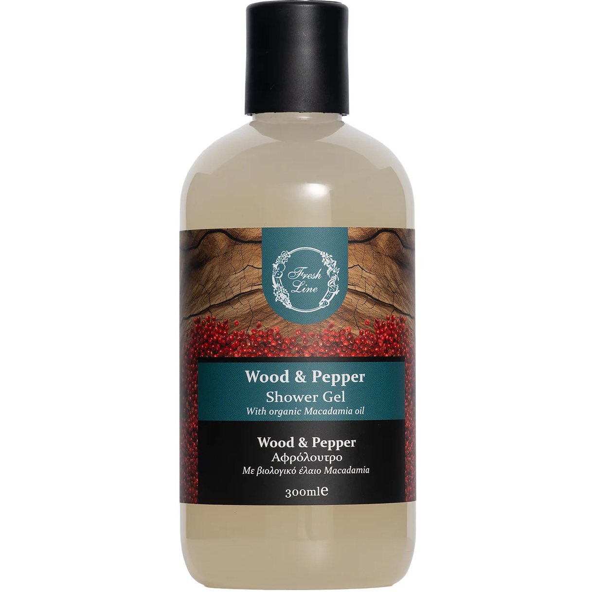 Fresh Line Wood & Pepper Shower Gel Εκλεπτυσμένο & Γήινο Αφρόλουτρο Φυσικής Σύνθεσης με Ξυλώδεις & Πικάντικες Νότες & Βιολογικό Έλαιο Macadamia 300ml