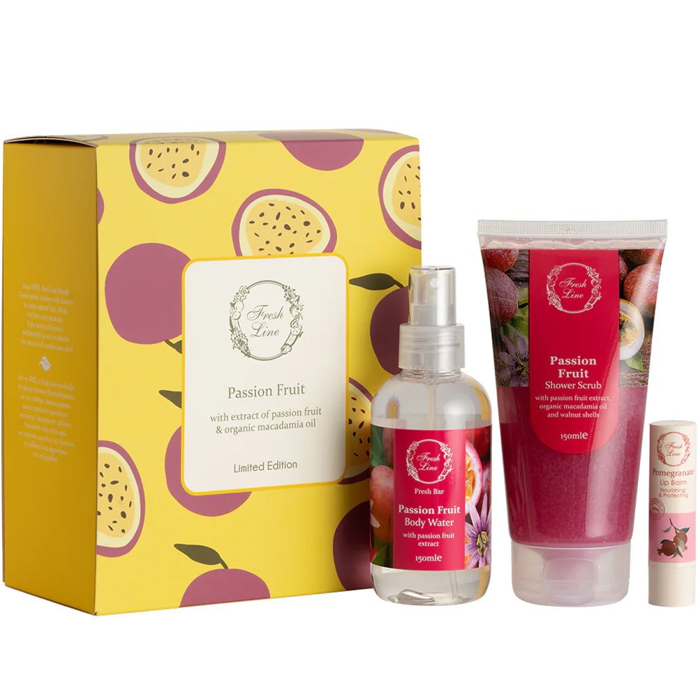 Fresh Line Promo Passion Fruit Shower Scrub 150ml & Fresh Bar Passion Fruit Body Water 150ml & Nourishing & Protecting Pomegranate Lip Balm 5,4g