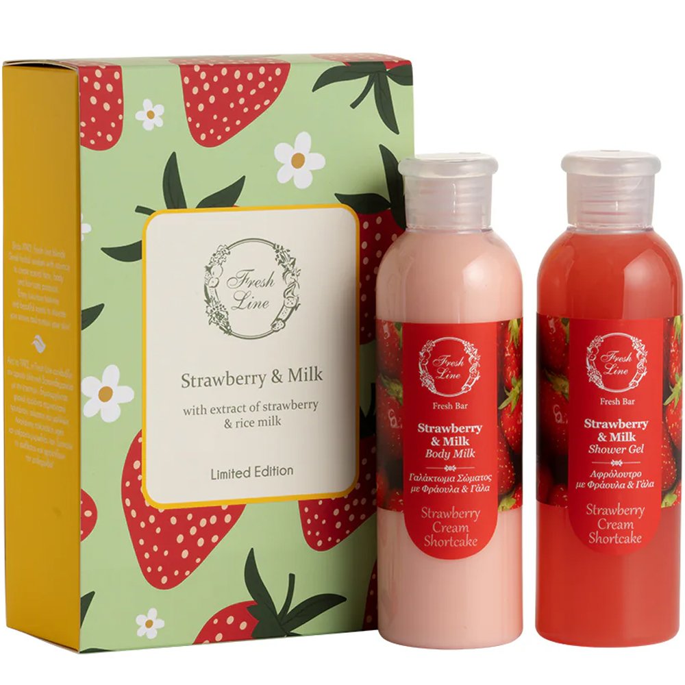 Fresh Line Promo Bar Strawberry & Milk Shower Gel Strawberry Cream Shortcake 200ml & Strawberry & Milk Body Milk Strawberry Cream Shortcake 200ml