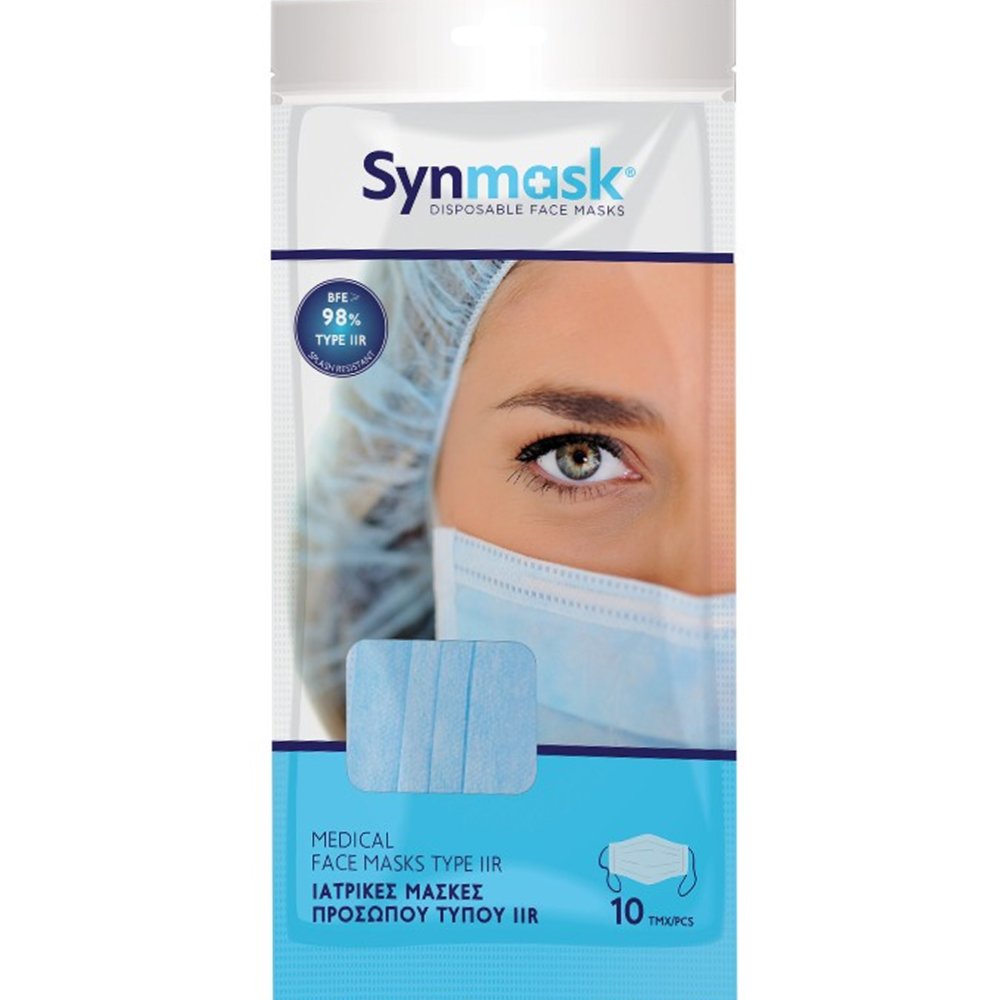 Synmask Medical 3ply Type IIR Mask Χειρουργικές Μάσκες Προστασίας 3 Επιπέδων με Επιρρίνιο Έλασμα για Άνετη Εφαρμογή μιας Χρήσης 10 Τεμάχια