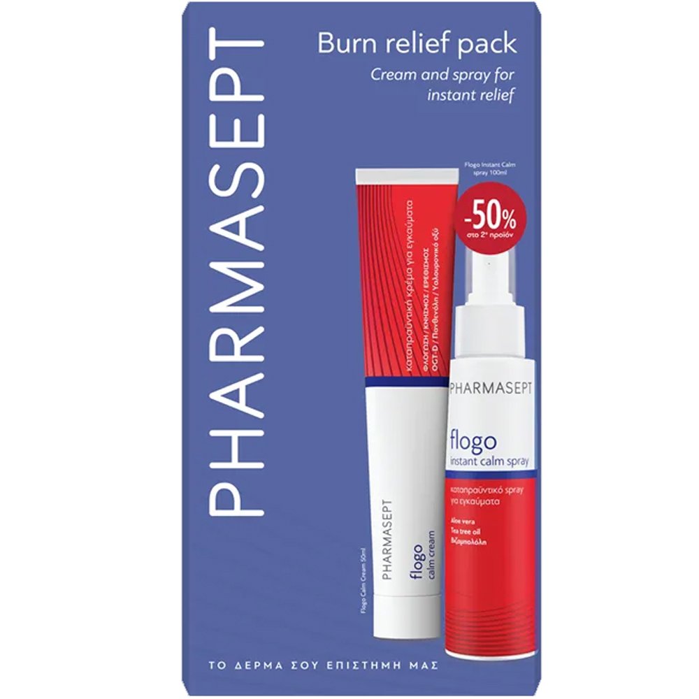 Pharmasept Promo Flogo Calm Cream 50ml & Instant Calm Spray Κρέμα Εξειδικευμένης Δράσης για την Άμεση Καταπράυνση από Εγκαύματα & Spray για Πρόσωπο & Σώμα για Ανακούφιση από Ερεθισμούς & Εγκαύματα 100ml