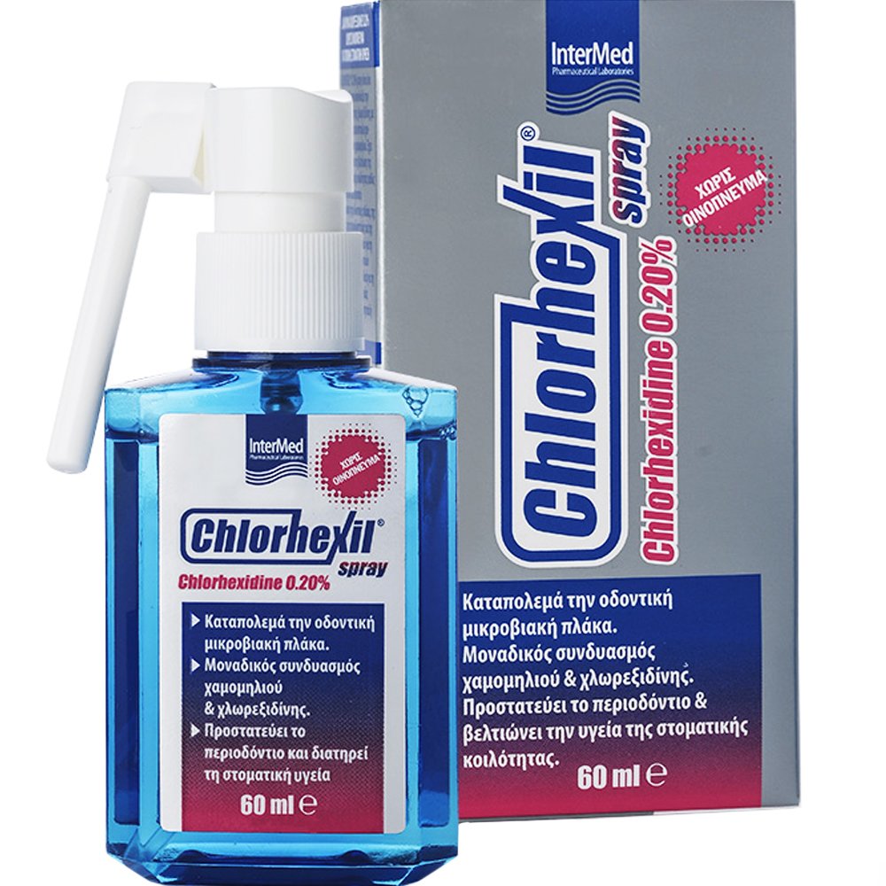 InterMed Chlorhexil Chlorhexidine 0.20% Oral Spray Στοματικό Διάλυμα Χλωρεξιδίνης 0.20% σε Μορφή Spray για Στοχευμένη Τοπική Εφαρμογή Κατά των Ερεθισμών για Άμεση Ανακούφιση 60ml