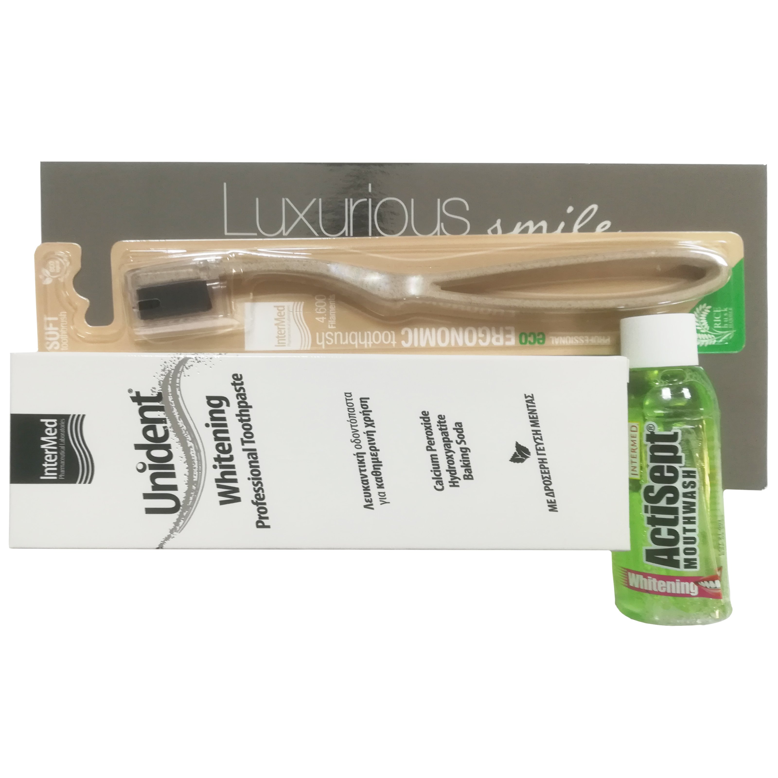Intermed Promo Luxurious Smile Kit Unident Whitening Toothpaste 100ml, Actisept Whitening Mouthwash 60ml, Eco Ergonomic Soft Toothbrush 1 Τεμάχιο & Δώρο Νεσεσέρ