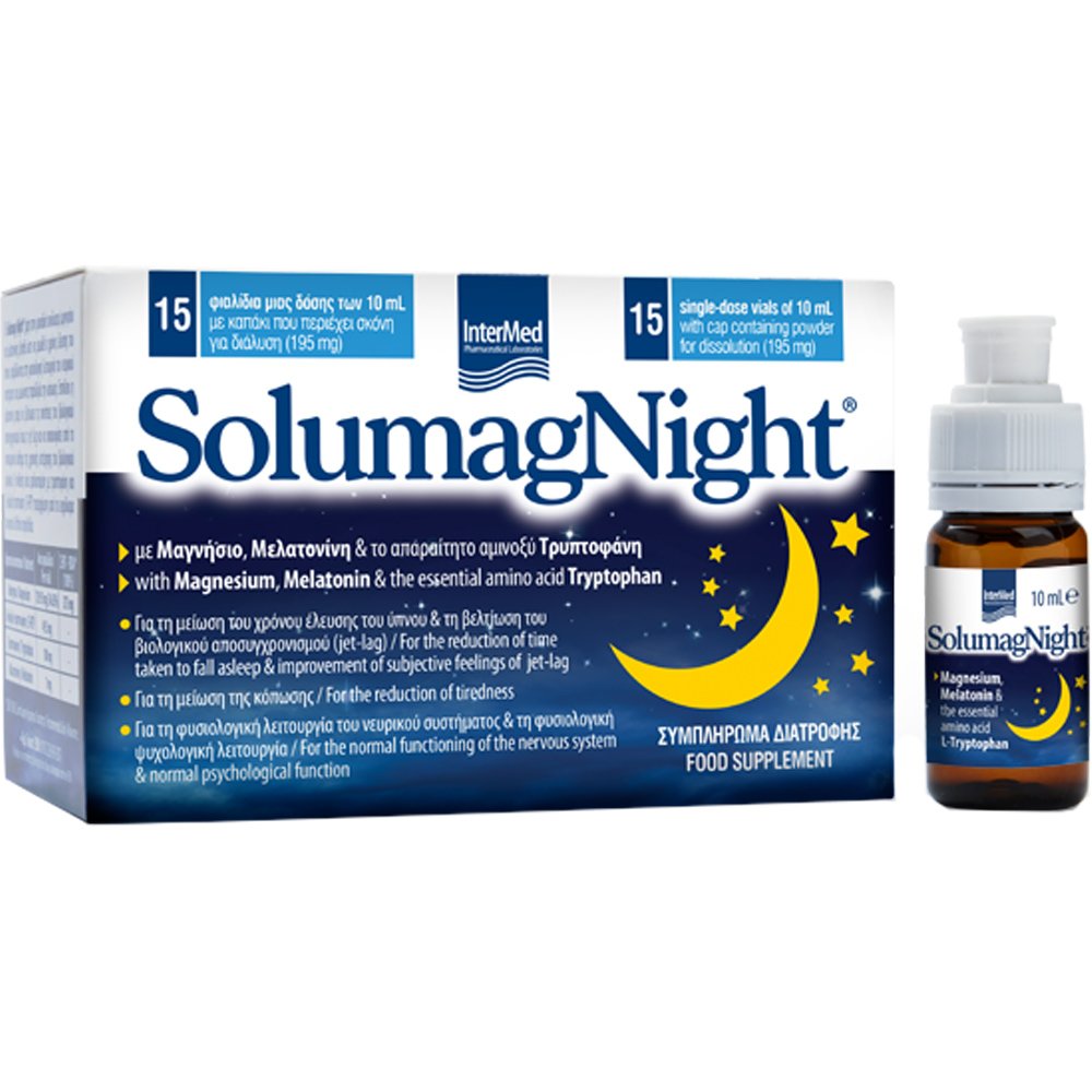 InterMed Intermed Solumag Night Συμπλήρωμα Διατροφής Μαγνησίου, Μελατονίνης & Αμινοξέων σε Πόσιμο Υγρό για Μείωση του Χρόνου Έλευσης του Ύπνου & Αντιμετώπιση του Jet Lag με Γεύση Πορτοκάλι 15vials