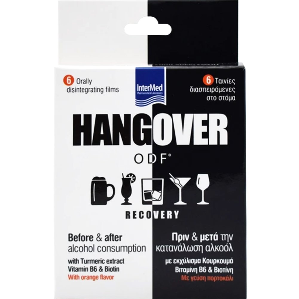 InterMed Intermed Hangover ODF Recovery Συμπλήρωμα Διατροφής με Βιταμίνες Β & Εκχύλισμα Κουρκουμά για τη Μείωση της Κόπωσης & την Αντιμετώπιση του Hangover με Γεύση Πορτοκάλι 6 Διασπειρόμενες στο Στόμα Ταινίες