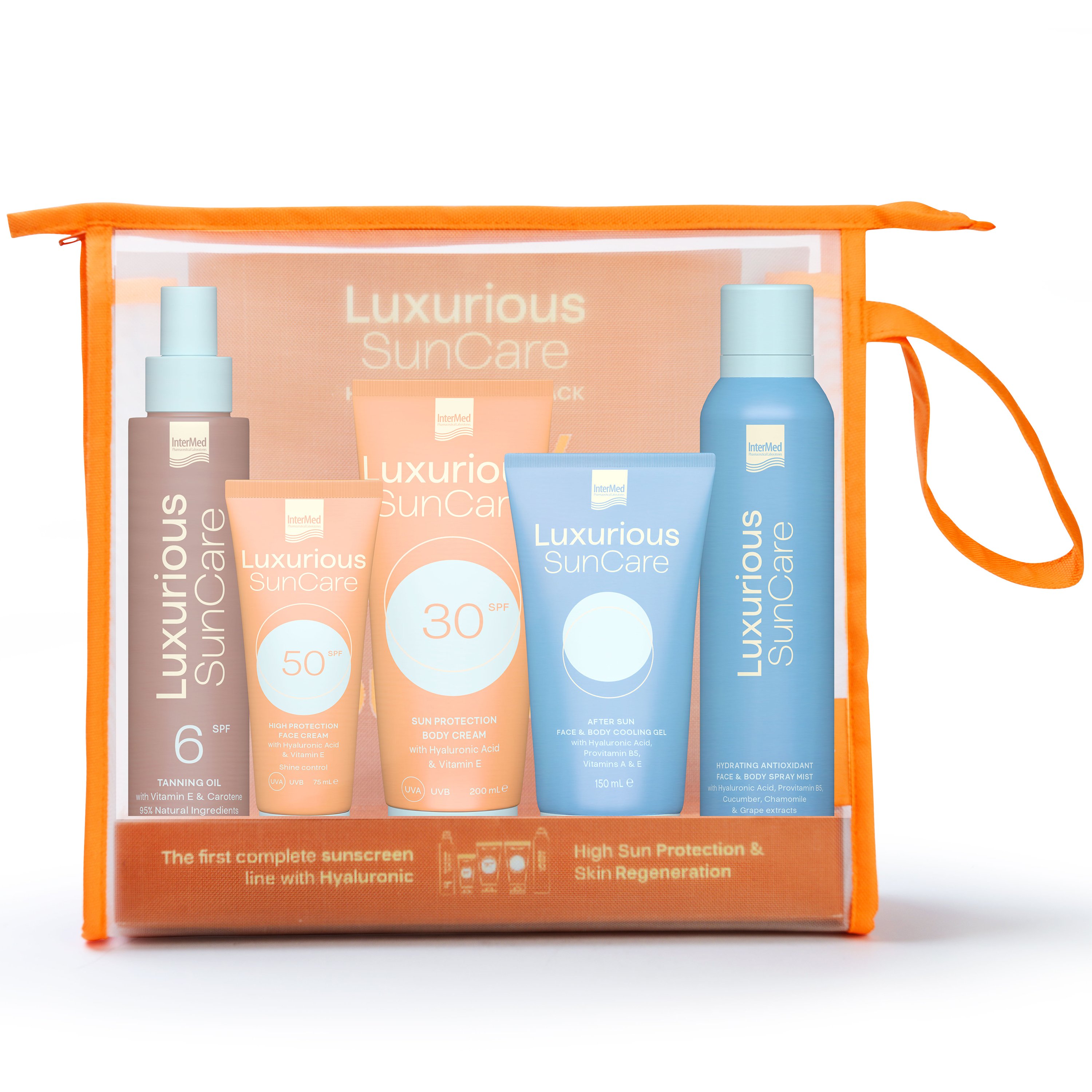 Luxurious Promo Sun Care High Protection Pack Body Cream Spf30, 200ml & Face Cream Spf50, 75ml & Tanning Oil Spf6, 200ml & Hydrating Face, Body Mist 200ml & After Sun Face & Body Gel 150ml
