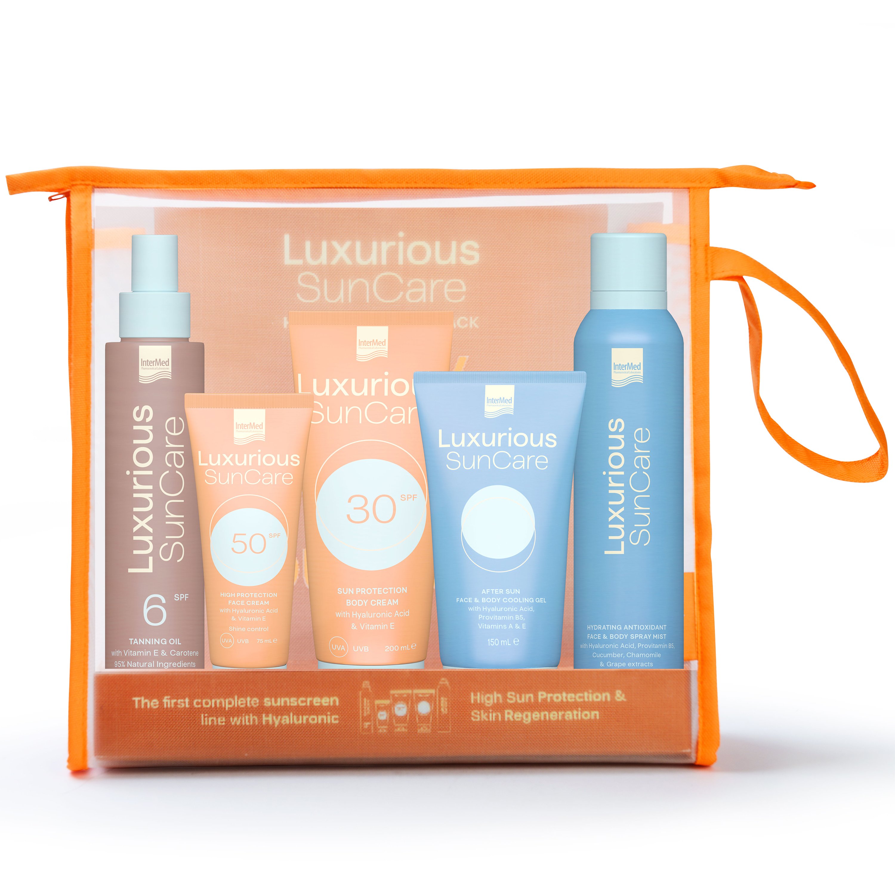 Luxurious Promo Sun Care High Protection Pack Body Cream Spf30, 200ml & Face Cream Spf50, 75ml & Tanning Oil Spf6, 200ml & Hydrating Face, Body Mist 200ml & After Sun Face & Body Gel 150ml