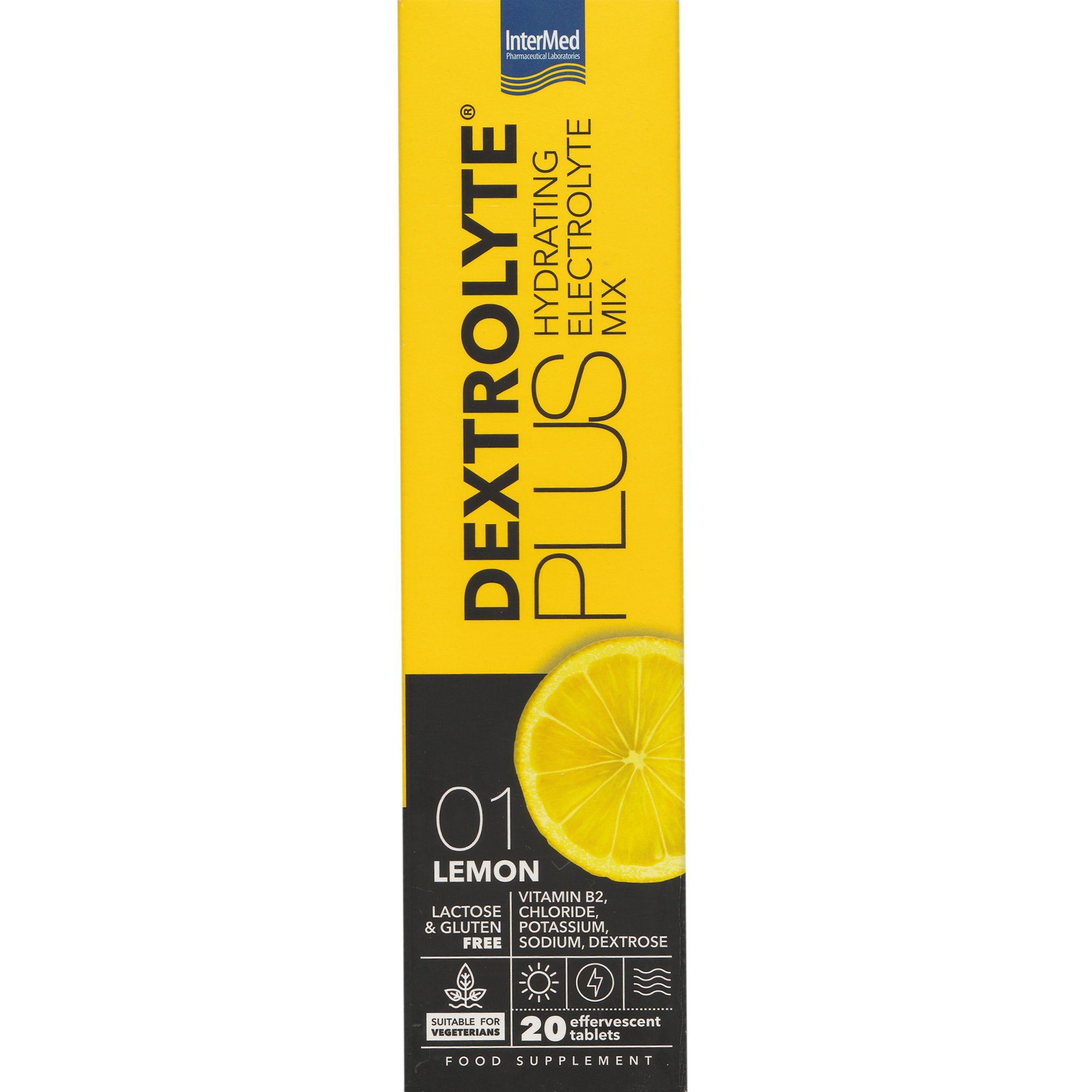 InterMed Intermed Dextrolyte Plus Hydrating Electrolyte Mix Συμπλήρωμα Διατροφής Ηλεκτρολυτών με Δεξτρόζη & Βιταμίνη Β2 για Ενυδάτωση & Ενέργεια με Γεύση Λεμόνι 20 Effer.tabs - 01 Lemon