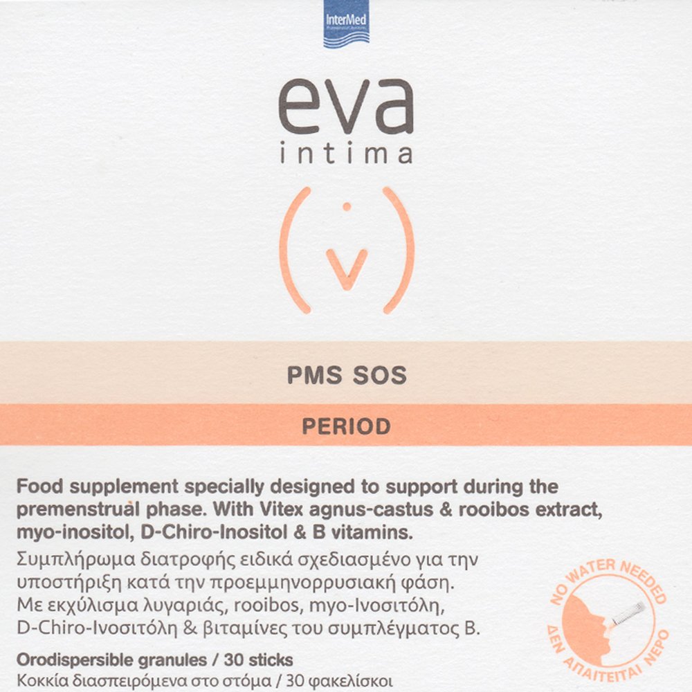 Eva Eva Intima Period PMS SOS 30 Sachets,Συμπλήρωμα Διατροφής Βιταμινών Συμπλέγματος Β, Εκχυλίσματος Λυγαριάς & Τσαγιού Rooibos για Υποστήριξη Κατά την Προεμμηνορρυσιακής Φάσης με Γεύση Βερίκοκο