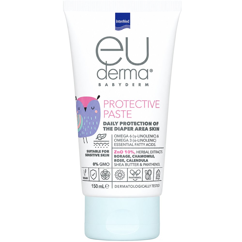 Intermed Eu Derma Babyderm Daily Protection of The Diaper Area Skin Protective Paste Αδιάβροχη Πάστα για Καθημερινή Προστασία του Δέρματος στην Περιοχή της Πάνας με Ωμέγα 6 & 3 & Απαραίτητα Λιπαρά Οξέα 150ml