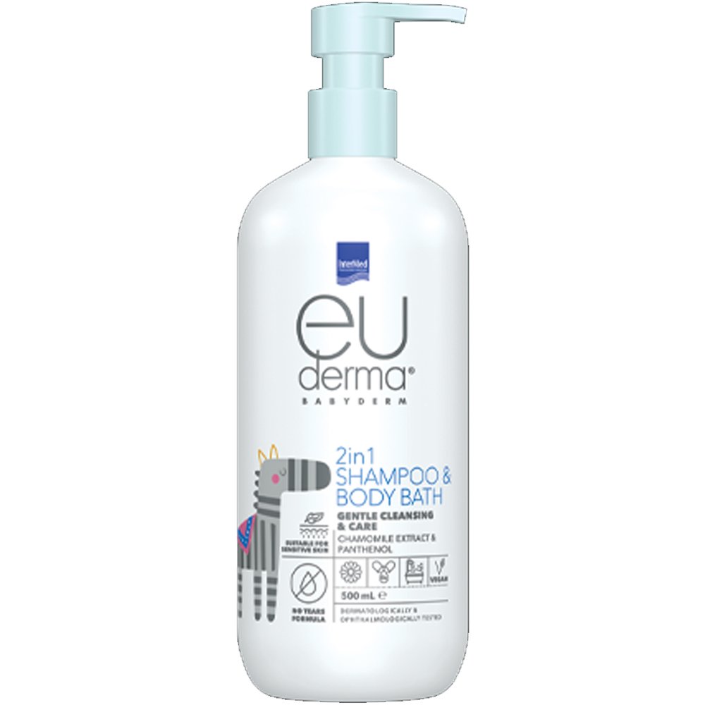 Intermed Eu Derma Babyderm Gentle Cleansing & Care 2 in 1 Shampoo & Body Bath 500ml,Απαλό 2 σε 1 Σαμπουάν & Αφρόλουτρο Κατάλληλο για Καθημερινό καθαρισμό Βρεφών & Παιδιών από 0 Ετών