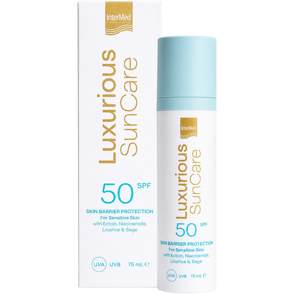 Luxurious Luxurious SunCare Spf50 Skin Barrier Protection for Sensitive Skin Cream Αντηλιακή Κρέμα Προσώπου Ειδικά Σχεδιασμένη για Ευαίσθητες Επιδερμίδες με Εκτοίνη 2% & Νιασιναμίδη 75ml