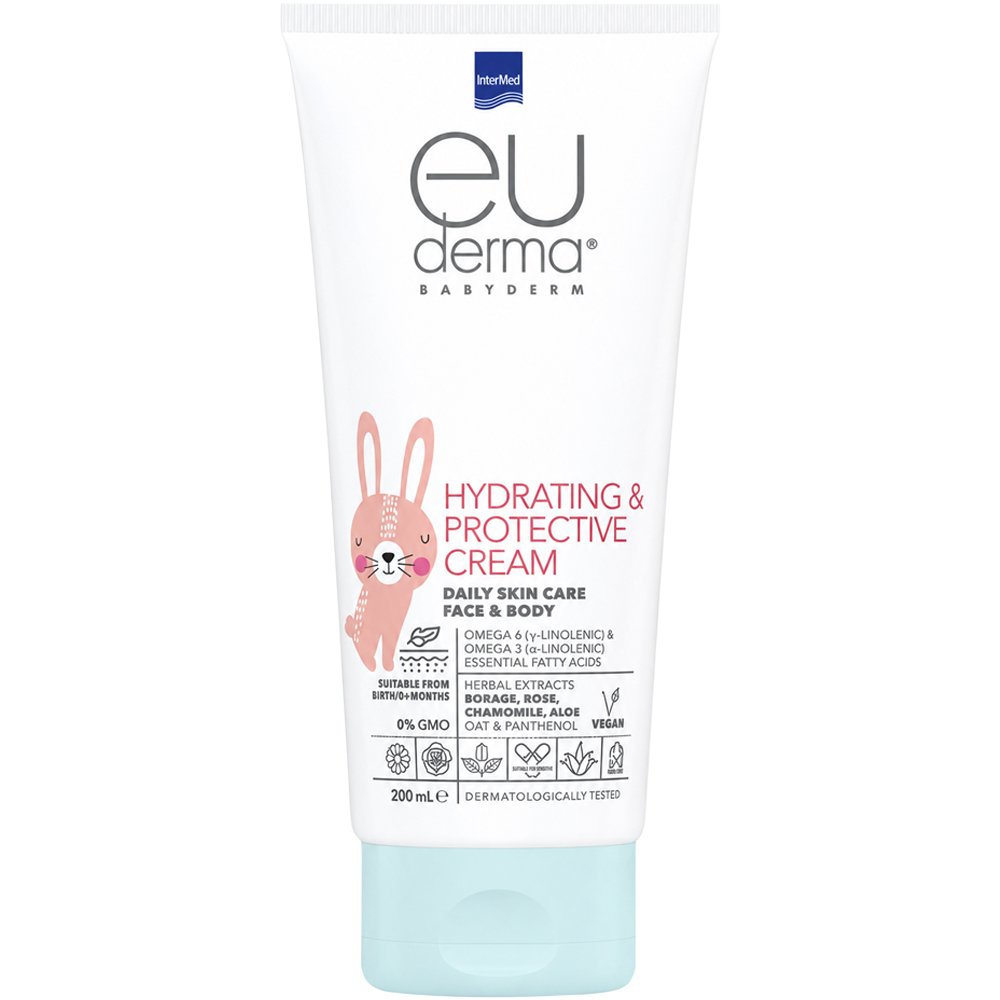Intermed Eu Derma Babyderm Daily Skin Care Face & Body Hydrating & Protective Cream Βρεφική & Παιδική Ενυδατική & Προστατευτική Κρέμα για Πρόσωπο & Σώμα με Ωμέγα 6 & 3 & Απαραίτητα Λιπαρά Οξέα 200ml
