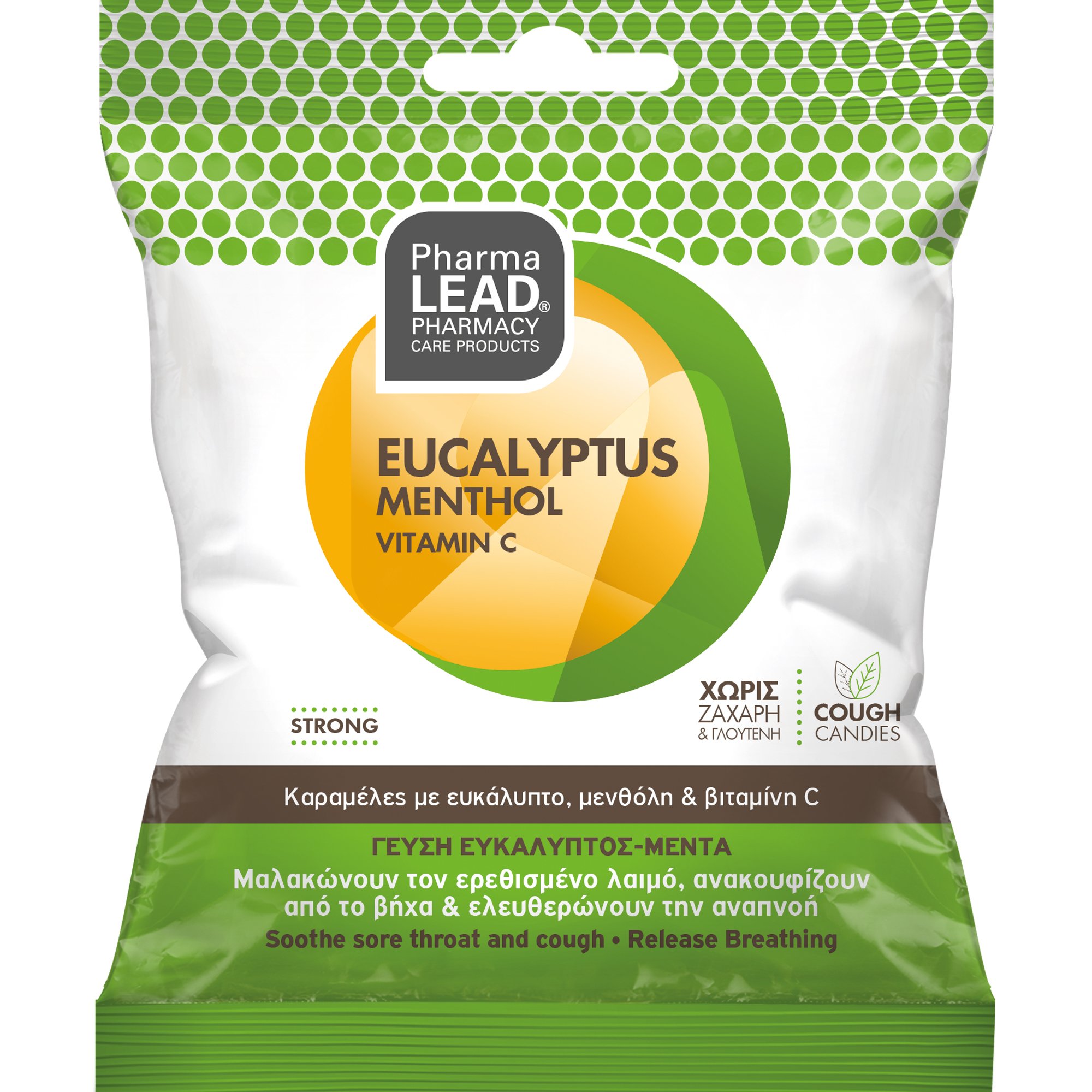 PharmaLead Pharmalead Eucalyptus, Menthol & Vitamin C Strong Sore Throat & Cough Candies Καραμέλες με Ευκάλυπτο, Μενθόλη & Βιταμίνη C που Μαλακώνουν τον Ερεθισμένο Λαιμό, Ανακουφίζουν από το Βήχα & Ελευθερώνουν την Αναπνοή με Φυσική Γεύση Ευκαλύπτου & Μέντας 40
